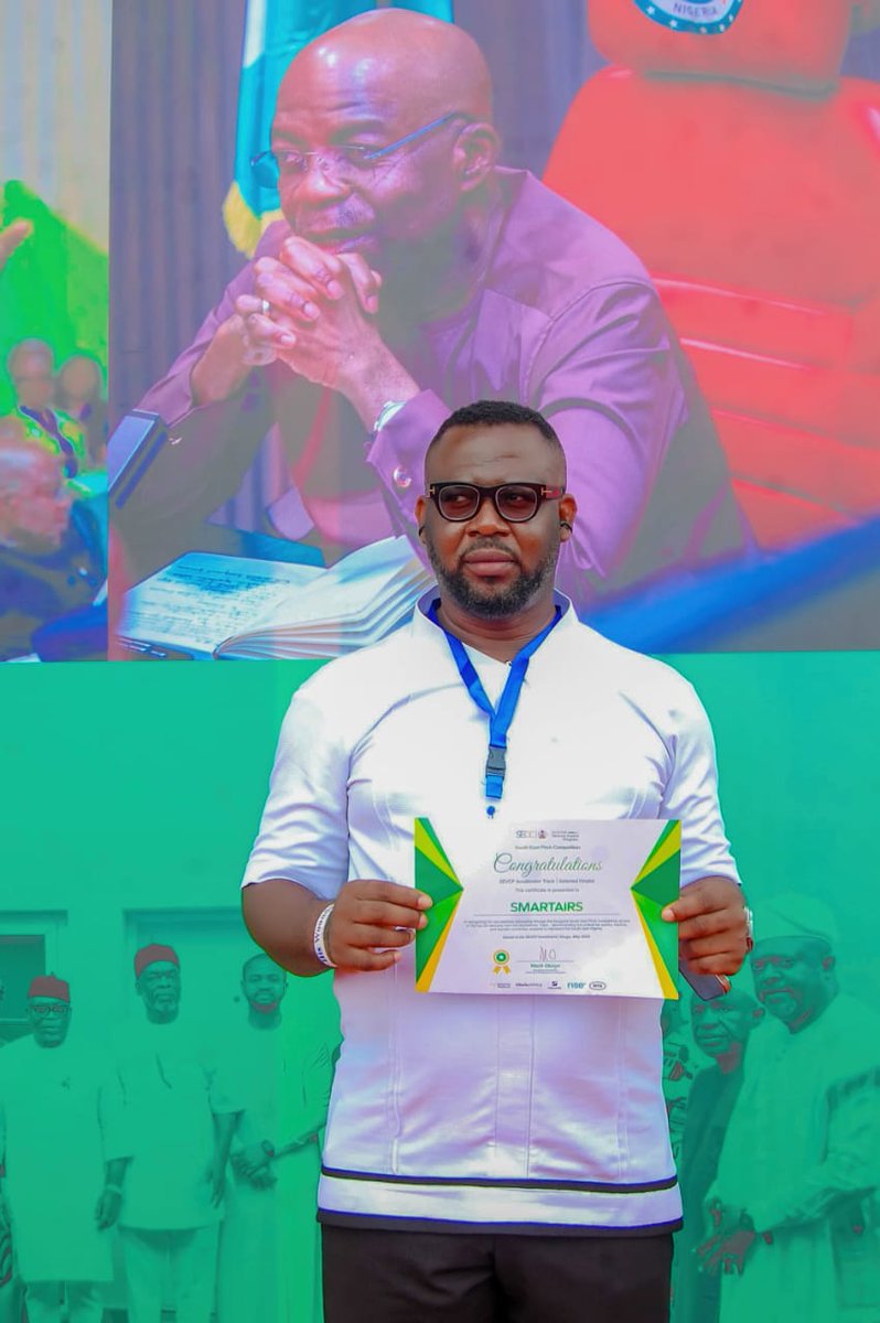 BemsSofthub's tweet photo. From Abia to the World. 

SMARTAIRS has officially been recognized as WINNER at the @SEDCgov South East Venture Capital Programme (SEVCP) Pitch Competition held at the International Conference Centre, Enugu.
#SMARTAIRS #SEDC #SEVCP  #Innovation #DigitalGovernance #AbiaToTheWorld https://t.co/PRAqwVXqq1