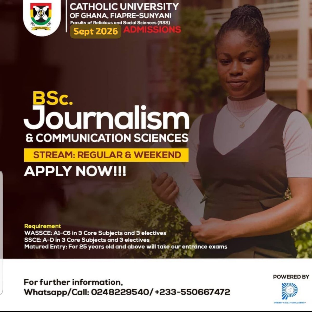 cug_src's tweet photo. 🎓 2026/2027 ADMISSIONS OPEN
📍 – Fiapre Campus
Applications are now available for suitably qualified applicants into various programmes for the 2026/2027 Academic Year.
✅ Admission Categories Available: • WASSCE Holders
• Diploma Holders (Top-Up Programmes) https://t.co/yRzfqGqlB6