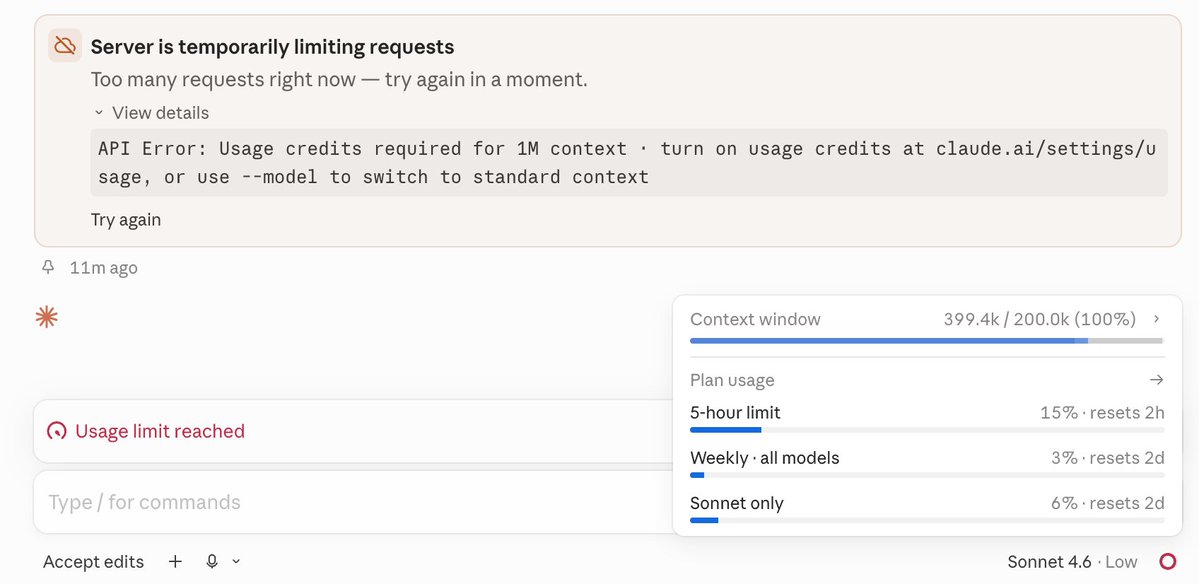 anuurag17's tweet photo. Claude, limiting requests, my session, and weekly limits are all under control; however, I am still getting this error: "Server is temporarily limiting requests".

I'm on a Max $100 plan, vibe coding directory websites, for programmatic content.

Has anyone faced this or knows anything about this, or is this just a short system downtime?