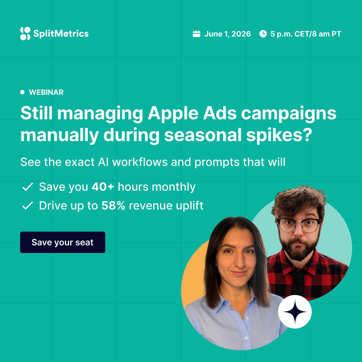 SplitMetrics's tweet photo. AI features in #SplitMetrics Acquire - AI platform for #AppleAds - help teams save ~40 h/mo of manual work &amp; drive +58% revenue.

Join live session to see AI prompts, bid &amp; budget automation strategies, and more.
June 1, 5pm CET / 8am PT
→ https://t.co/mdSHy2fmDX https://t.co/L5oH9OTQ3X