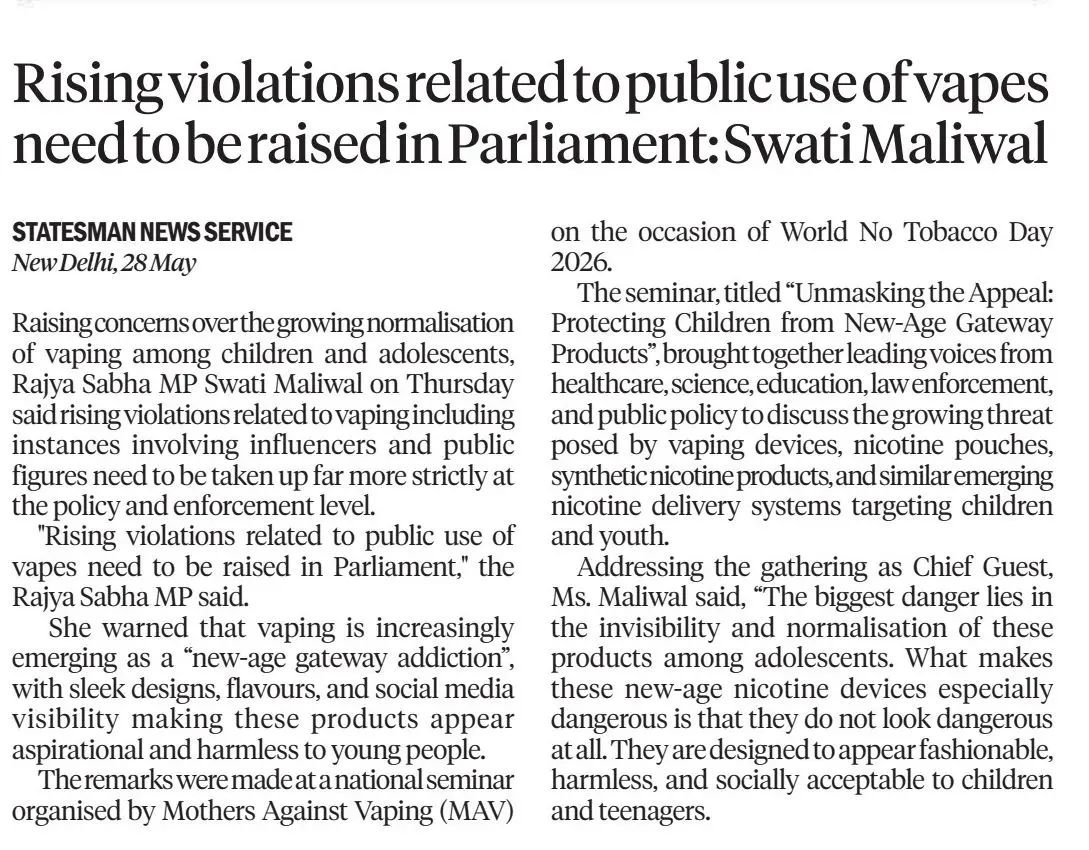 MomsAgainstVape's tweet photo. Coverage of our Seminar “Unmasking the Appeal: Protecting Children from New-Age Gateway Products” in @TheStatesmanLtd 

#Vaping #Vapes #Ecigarettes #Youth #India https://t.co/cJuDpqKYIC