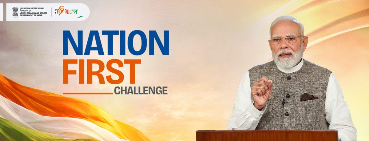 YuvaNadiad's tweet photo. The *NATION FIRST CHALLENGE* is now LIVE on the MY Bharat portal — a unique opportunity for the youth of India to take real action towards a *Sustainable &amp; Self-Reliant Bharat* and earn national recognition!

Participate here:
https://t.co/uytgDm7Ybe https://t.co/xxGB59jsm4