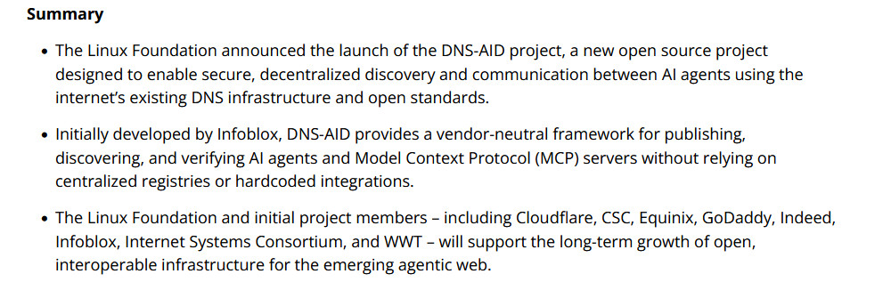 GGtld's tweet photo. AI agents get their own phone directory built atop DNS

DNS-AID, under the auspices of the Linux Foundation, promises easier agent discovery

https://t.co/sUHM7snWY4 https://t.co/JxmF2i4ead