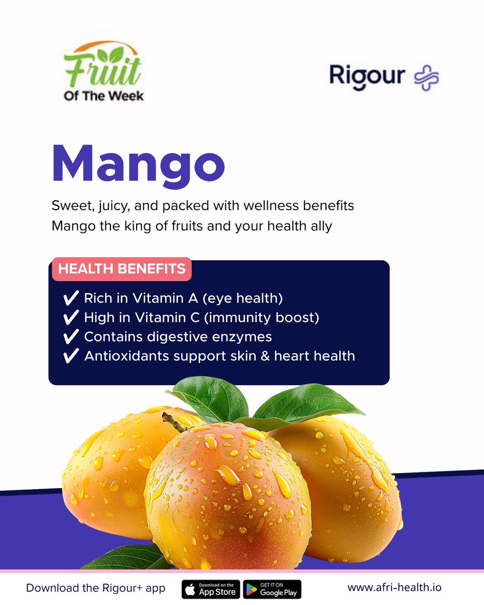 afrihealthltd's tweet photo. Mango season = happiness 🥭💛
Sweet, juicy, and loaded with nutrients! Rich in Vitamins A &amp; C, antioxidants, and digestive enzymes, truly the king of fruits 
Eat healthy, stay refreshed ✨
#FruitOfTheWeek #Mango #HealthyLiving #Wellness #Nutrition #RigourPlus #AfriHealth https://t.co/xL0zMYnP7v