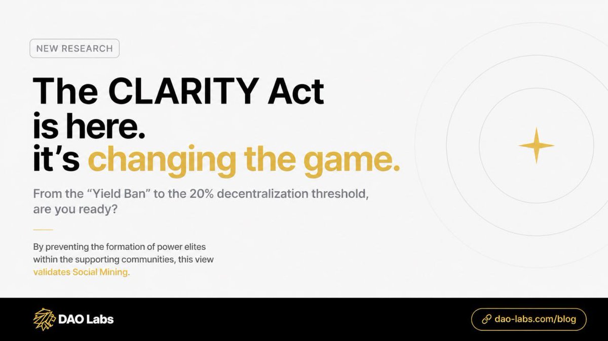 Ronz0904's tweet photo. The CLARITY Act is reshaping Web3 value.

 @TheDAOLabs explains how the 20% threshold reinforces why decentralization matters.

 Communities driven by active contribution and distributed influence are better positioned for long-term resilience. 

#SocialMining #CLARITYAct https://t.co/H77lUOqapG