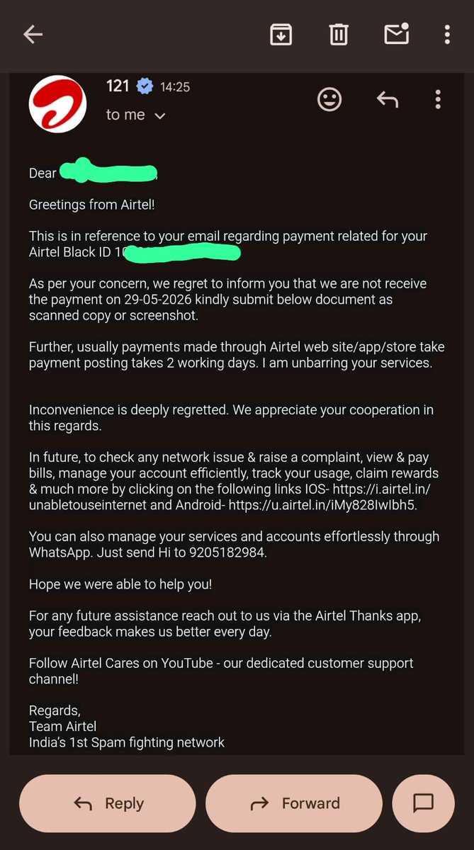 northroptech's tweet photo. @airtelnews @airtelindia compliments for hiring such competent executives with such amazing responses, understanding &amp; least to say , their English. Such hirings would put you right where you belong, at the bottom ! Your HR Boss should resign on Moral grounds for such hirings ! https://t.co/27HR3Zfu1N
