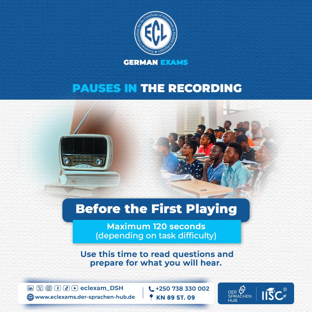 eclexams_DSH's tweet photo. Smart use of pauses can improve your ECL German listening exam performance! 
Use the time before and after each recording to read questions, review answers, correct mistakes, and stay focused. Preparation + strategy = confidence and success.  
#GermanListening #LearnGerman https://t.co/WD80Rn1m6P