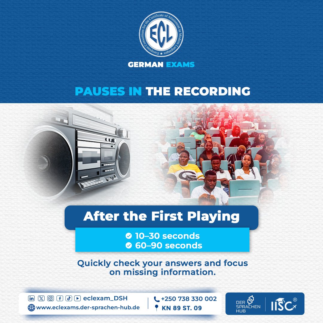 eclexams_DSH's tweet photo. Smart use of pauses can improve your ECL German listening exam performance! 
Use the time before and after each recording to read questions, review answers, correct mistakes, and stay focused. Preparation + strategy = confidence and success.  
#GermanListening #LearnGerman https://t.co/WD80Rn1m6P