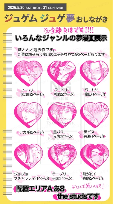 今週末開催のジュゲムジュゲ夢参加させていただきます〜!
表で公開してない🔞夢漫画をドバッと展示します。新作も多分あります!よろしくお願いします!

#ジュゲムvol13 