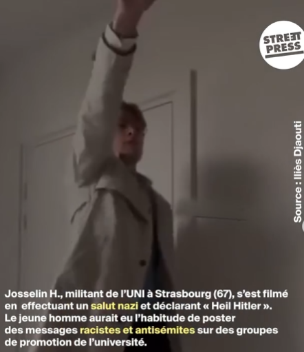 161Ran's tweet photo. Photo de famille de l'UNI - dont nombre de leurs membres sont régulièrement épinglés pour des saluts nazi et des propos antisémite. 

@AgnesDupin et @olidelez, élues d'opposition au Conseil Municipales de Nantes ont trinqué à la santé de cette organisation d'extrême droite 🥂 https://t.co/yPRLjEdn14