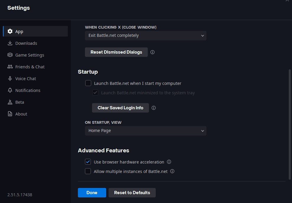 itsCatGamer's tweet photo. 🪄 I prepared very simple Battlenet app settings, so it doesn't hinder your gameplay.

Make Battlenet close itself on game launch which will save a couple hundred MB of RAM and a bit of CPU usage.

Other settings don't really matter since the app is not running while gaming. https://t.co/s91QsnCVef