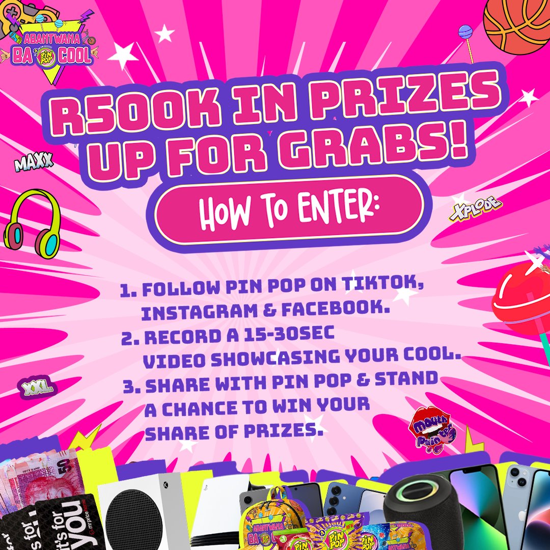 Yfm's tweet photo. Calling all the cool kids, this is your chance to score major aura points and win your share of prizes worth R500k! 

Post a 15-30 second video showing us your cool with a Pin Pop, Use #AbantwanaBaCool, follow &amp; tag @PinPop + @YFM🍭

Open to ages 7-25
Ts &amp; Cs apply. https://t.co/n3zj00fNGl