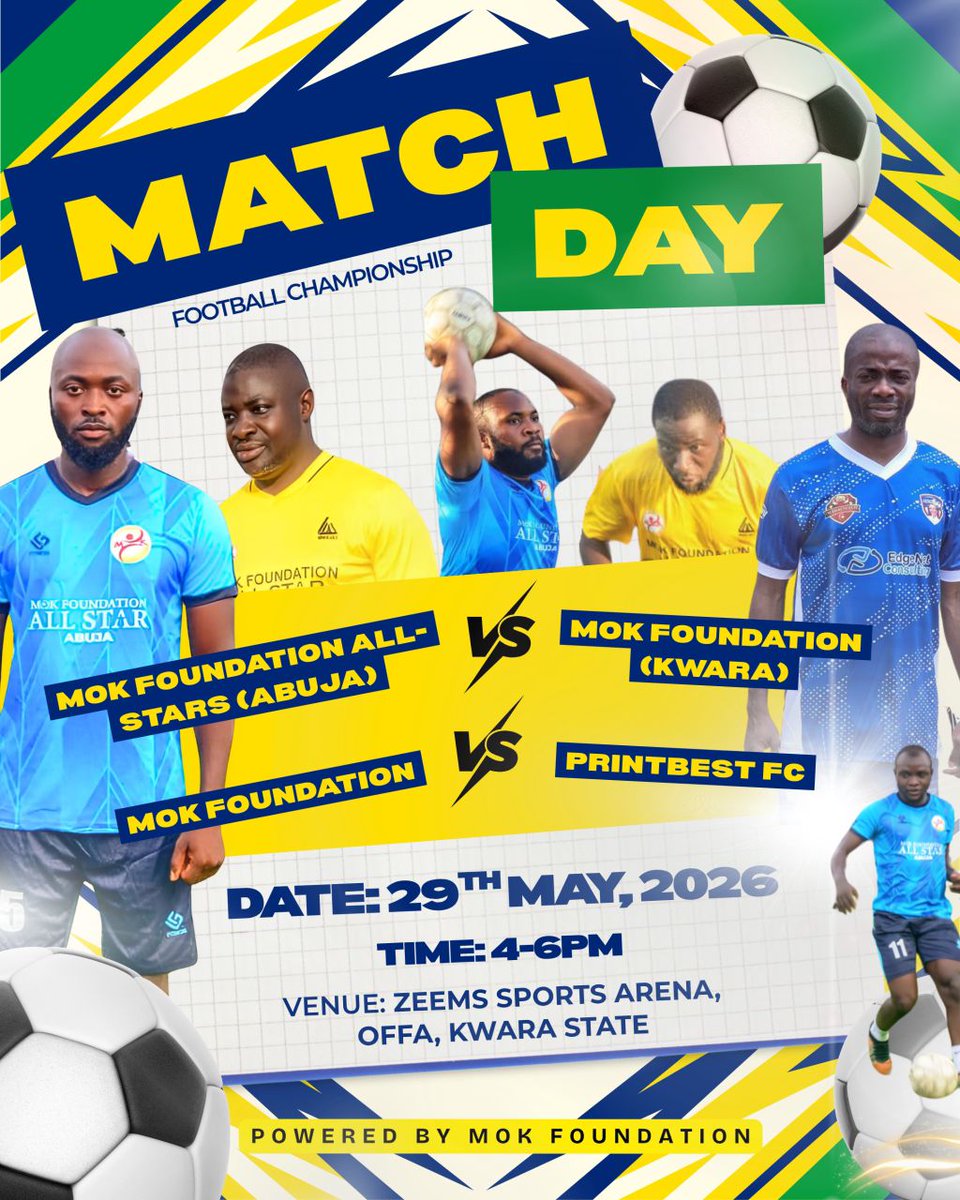 musbauceo's tweet photo. Returning home today @zeemsarena Offa!
β½ MOK All-Stars (Abuja) π MOK Kwara
π 4:00 PM β 5:00 PM
β½ MOK Foundation π PrintBest FC
π 5:00 PM β 6:00 PM
Donβt miss it!
#MOKFoundation #Ileya2026 #FootballHangout https://t.co/kClFWuxeCr