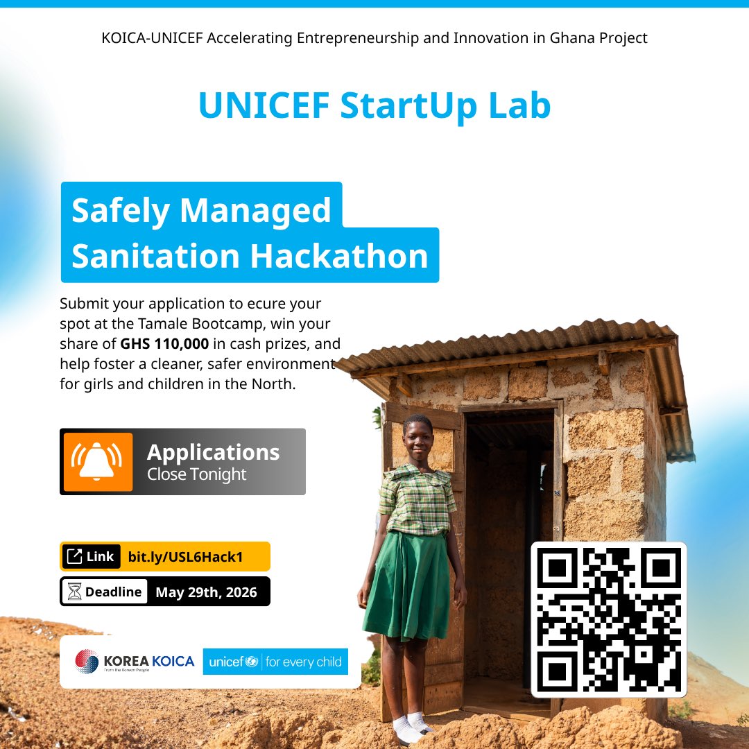 UNICEFStartups's tweet photo. Applications for the Safely Managed Sanitation Hackathon close tonight.

This is your opportunity to win a share of GHS 110,000 in cash prizes and build solutions that contribute to a cleaner, safer environment Northern Ghana.

Apply before midnight: https://t.co/Sc40WoJbdW https://t.co/khMVdhcE1b
