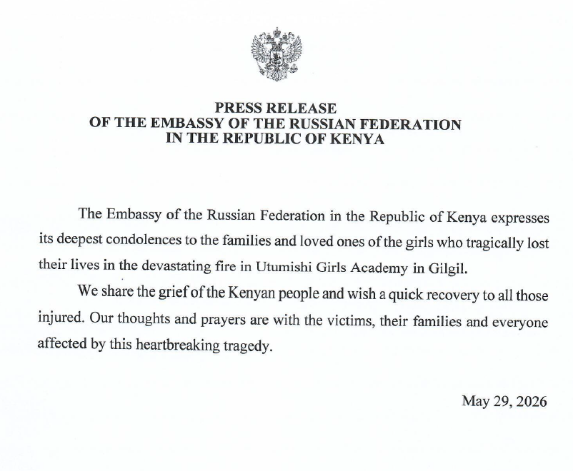 russembkenya's tweet photo. 🕯️🙏The Embassy of Russia in Kenya expresses its deepest condolences to the families of the students who tragically lost their lives in a fire in Utumishi Girls Academy. https://t.co/QJ9wZ9P5fL