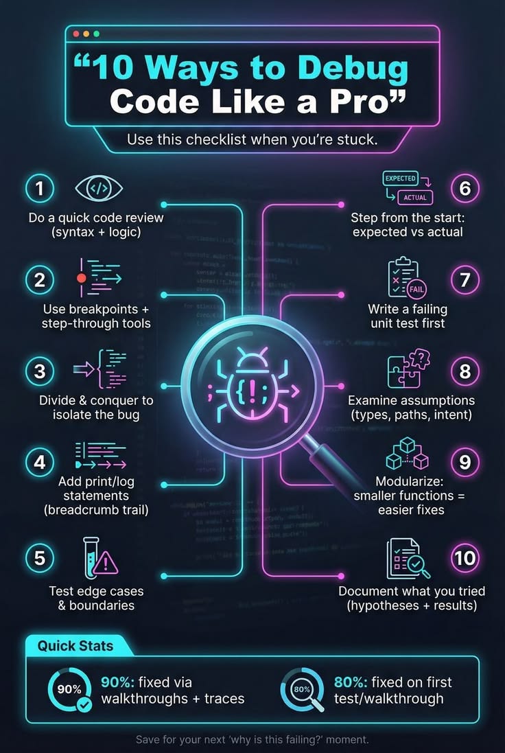 Computer__Nest's tweet photo. Some top tier ways to debug your code https://t.co/lWJvD90b0E