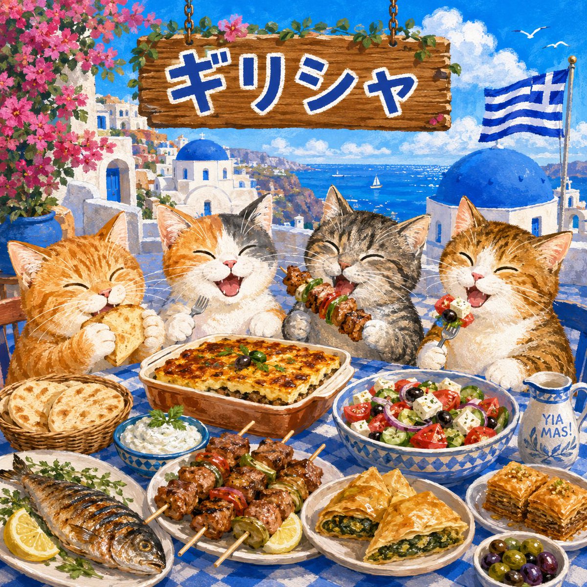 onioni_kake's tweet photo. ギリシャ🇬🇷
青い海、白い街並み、サントリーニ島の青い屋根、古代遺跡が広がるギリシャ。

歩くだけで、物語の中に入ったような旅先です。

郷土料理は、ムサカ、スブラキ、ギリシャサラダ、スパナコピタ、グリル魚、甘いバクラヴァ。

景色もごはんも最高にゃ。

#ギリシャ #海外旅行 #ギリシャ料理 #猫イラスト