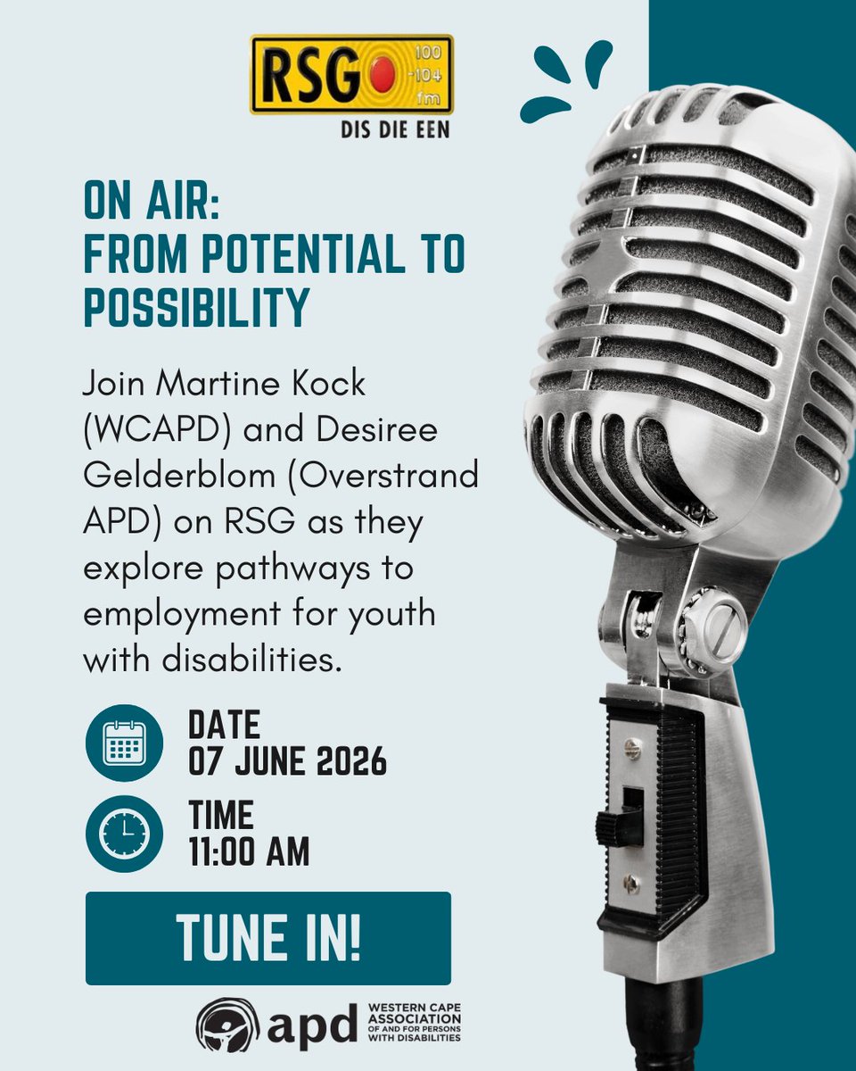 WC_APD's tweet photo. In Youth Month, we’re talking real pathways to employment for youth with disabilities on @RSGfm. A conversation that matters. A future that can’t wait. Don’t miss it!

https://t.co/j3gT1f63nO
https://t.co/IVtD3F7TRQ

#inclusion #personswithdisabilities #miapd #radiointerview https://t.co/n5t4glgmlo