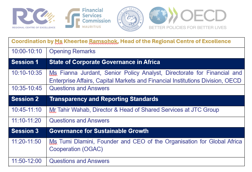 RCEMauritius's tweet photo. The RCE of the @FSCMauritius in collaboration with the @BoM_Mauritius &amp; with the participation of the @OECD_BizFin virtual training- Transparency, Accountability, and Sustainability: Reinforcing Corporate Governance in Africa-Tues,02June26-10-12
Register: https://t.co/1exR4qeeAF https://t.co/CoOdG9s4f3