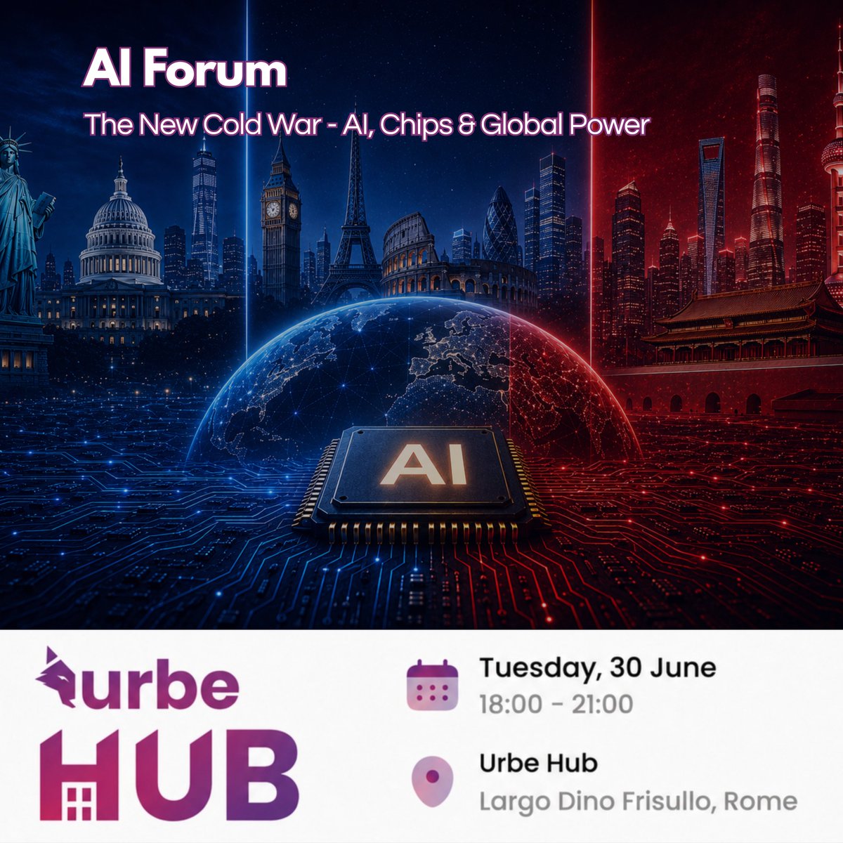 urbeEth's tweet photo. Who controls AI controls the next decade.

June 30 at Urbe Hub: an open forum on the new global AI race, from chips to data centers to frontier models.

Open source vs proprietary. US, China, Europe. Llama, Mistral, DeepSeek, Qwen vs OpenAI, Anthropic, Google.

A forum, not a panel. Aperitivo after.

Rome, 6pm. Link below 👇 🐺