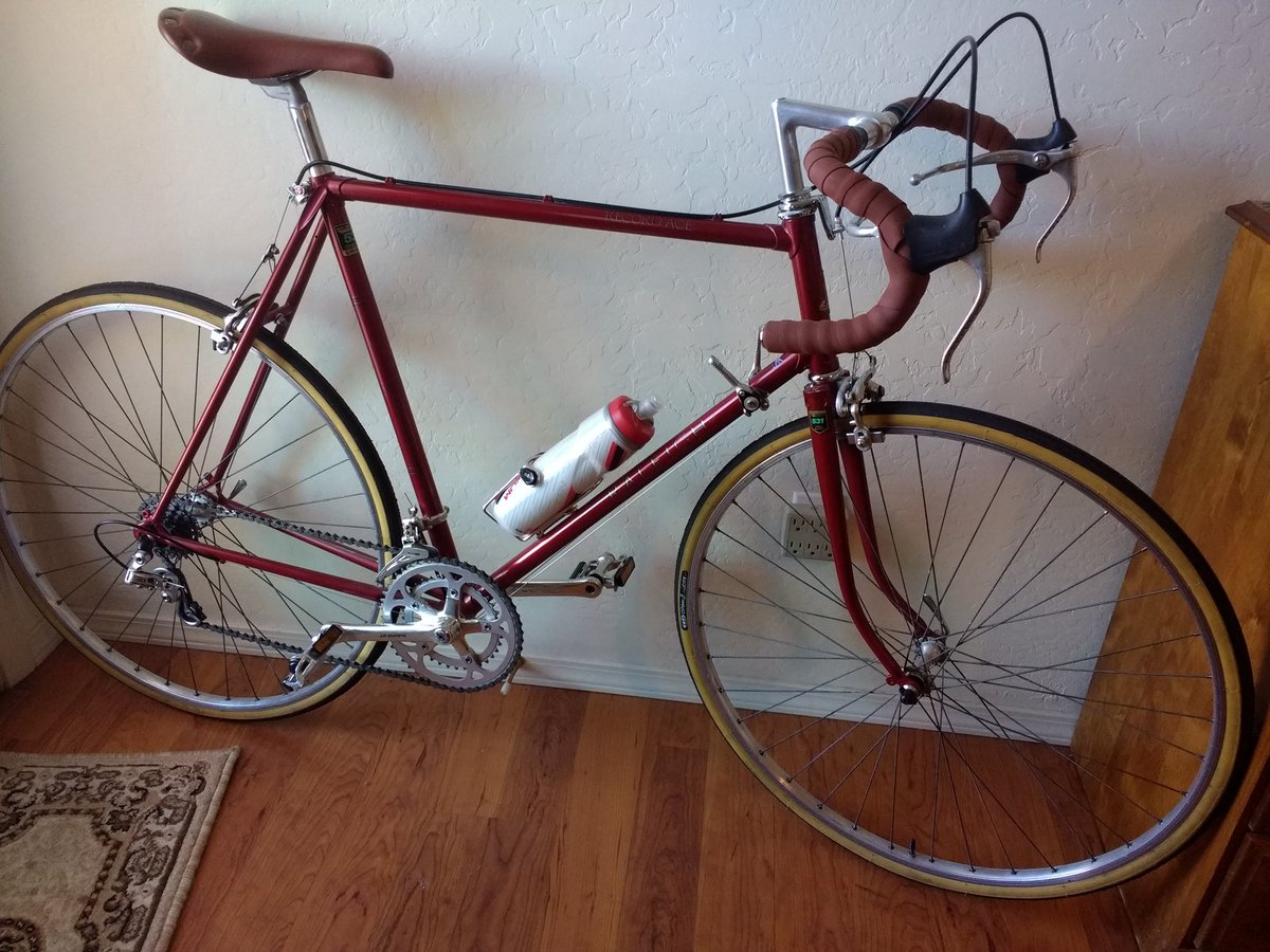 AwakeInOneness's tweet photo. @HistorianUSA1 @its_The_Dr This is mine, its a restored '84 Raleigh Record Ace, all done by me, and I wear a spandex suit and still ride at 76. Watch the Tour De France sometime and you'll see guys with huge cahones who can ride for days full on and not whine. Get on one some time and you'll see why we do. https://t.co/l6IFpxbquB