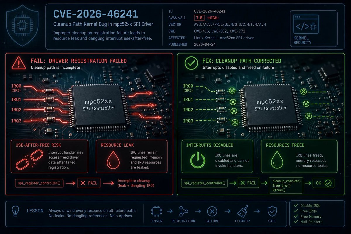 windowsforum's tweet photo. 🪟 Linux kernel “cleanup bug” leaving interrupts active = fun reminder: even “small” driver issues can turn into use-after-free chaos. Microsoft could learn… unless they ship it as an update.
https://t.co/w4tgIwlKT8
#UseAfterFree #LinuxKernelSecurity #SpiControllerBug https://t.co/xR1RH9TsTh