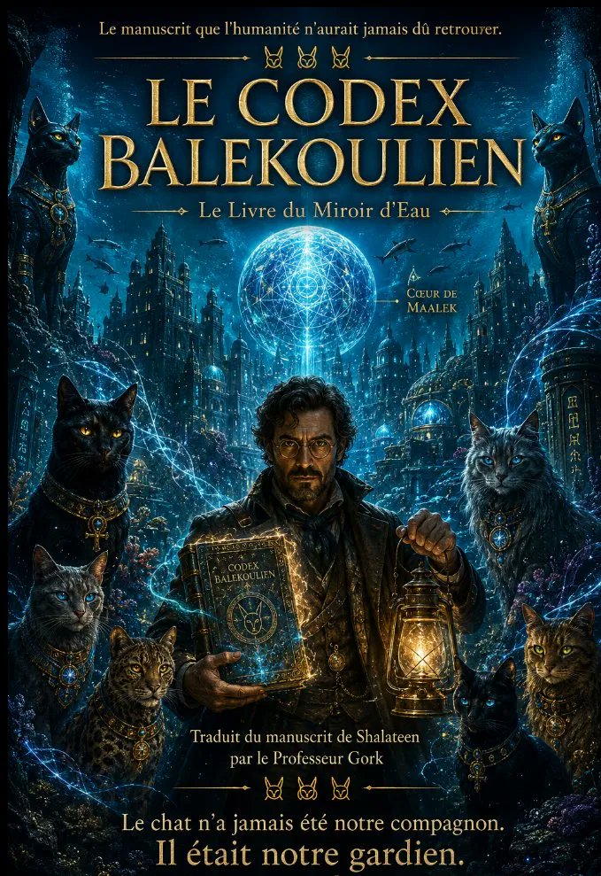 Raclure03's tweet photo. 🜂 𓃠 𓃠 𓃠 🜂 🜂 𓃠 𓃠 𓃠 🜂 🜂 𓃠 𓃠 𓃠 🜂 🜂

LE CODEX BALEKOULIEN

Le Livre du Miroir d'Eau

🜂 𓃠 𓃠 𓃠 🜂 🜂 𓃠 𓃠 𓃠 🜂 🜂 𓃠 𓃠 𓃠 🜂 🜂

Traduit du manuscrit de Shalateen
par le Professeur Gork, 2026

Cycle miaurique.

Version reconstituée à partir de fragments abyssaux
retrouvés aux confins du Balekouilkistan.

𓃠 𓃠 𓃠

AVANT-PROPOS DU PROFESSEUR GORK

Je n'aurais jamais dû ouvrir cette caisse.

Elle dormait dans l'arrière-salle d'un vieux dépôt maritime, entre des cartes rongées par le sel,
des lanternes rouillées et des carnets dont personne ne voulait plus prononcer le nom.

Sur le bois noirci, une seule inscription subsistait :

« Shalateen. »

Le reste avait été effacé par l'eau, le temps,
ou peut-être par une volonté plus ancienne que la nôtre.

À l'intérieur, enveloppés dans une toile rêche
qui sentait l'iode et la poussière chaude,
se trouvaient des fragments de plaques,
des parchemins durcis,
et une étrange pierre lisse
sur laquelle aucun reflet humain ne semblait tenir.

Mais dès qu'un chat entra dans la pièce, tout changea.

Il ne miaula pas.
Il ne bougea presque pas.
Il fixa simplement la caisse,
comme s'il reconnaissait quelque chose
que nous avions oublié depuis des siècles.

C'est à cet instant précis que j'ai compris
que je ne tenais pas entre mes mains une légende.

Je tenais un avertissement.

Le texte qui suit n'est ni une fable, ni une fantaisie.

C'est peut-être le plus ancien témoignage jamais découvert sur l'origine réelle du lien entre les humains, les félins, l'eau, la mémoire, et cette sensation étrange
que votre chat sait des choses sur vous qu'il ne devrait pas savoir.

Si ces pages sont exactes, alors nous nous sommes trompés depuis toujours.

Les chats ne vivent pas chez nous.
Ils nous observent depuis les ruines invisibles
d'un empire englouti.

Et si l'humanité veut encore comprendre quelque chose à son propre avenir, elle devra d'abord accepter cette vérité simple, terrible, et légèrement humiliante :

Le chat n'a jamais été notre compagnon.

Il était notre gardien.

Le manuscrit commence ici.

𓃠 𓃠 𓃠

PROLOGUE

Le secret des chats et du Balekouilkistan

Vous vous êtes peut-être déjà posé ces questions.

Pourquoi les chats vous regardent-ils si longtemps dans les yeux ?

Pourquoi semblent-ils comprendre des choses que vous ignorez ?

Pourquoi fixent-ils parfois un mur vide pendant onze minutes, comme si une réunion secrète s'y tenait ?

Pourquoi craignent-ils l'eau, alors que tout indique qu'ils en viennent ?

Et surtout …

Quel est donc ce mystérieux pays nommé Balekouilkistan ?

Ce que je vais vous révéler dépasse tout ce que l'histoire, la biologie et le bon sens ont osé imaginer.

En 2026, dans une cavité située sous la mer Rouge,
fut découvert un manuscrit impossible.

Il racontait qu'avant les hommes,
avant les royaumes,
avant les civilisations,
régnaient sur Terre les Balekoulis.

Un peuple félin venu des profondeurs.
Mi-hommes, mi-chats,
porteurs d'une sagesse ancienne,
d'un pouvoir vibratoire,
et d'un mépris profond pour les portes fermées.

Leur empire, le Balekouilkistan,
s'étendait sous les flots de la mer Rouge.

Sa capitale, Shalateen, dort encore dans les abysses.

Leur dieu, Maalek, n'était pas un être.

C'était une Onde.

Et leurs descendants vivent aujourd'hui parmi nous.
Ils ronronnent sur nos genoux.

Ils dorment sur nos pulls propres.

Ils renversent parfois un verre d'eau avec une précision rituelle.

Et ils attendent.

𓃠 𓃠 𓃠

𓃠 CHAPITRE I

Le souffle avant la mer

« Avant la mer, il n'y eut que le Souffle.

Avant la lumière, il n'y eut que la vibration. »

Source : Hymne d'origine, tablette I du Codex Primae.

Dans le Néant flottait une pulsation.
Elle n'avait ni son, ni forme,
mais une volonté : exister.

De ce battement naquit Maalek,
le Souffle devenu conscience.

Maalek contempla le vide et versa une larme.

De cette larme naquit le Miroir d'Eau,
que les anciens nommaient Shaal'Maa'lek.

C'était l'océan primordial, celui dans lequel les premières pensées de l'univers vinrent se refléter.

De ces reflets surgirent les Balekoulis.

Ils étaient lumière et silence.
Chair et onde.
Savoir et instinct.

Leur regard contenait la mémoire des étoiles noyées.

Leur pas ne faisait aucun bruit.

Et leur esprit vibrait à l'unisson du Cœur de Maalek.

« Nous sommes le reflet du reflet,
les enfants du battement et du rêve. »

Source : Premier cantique miaurique.

𓅓 Fragment balekoulien I

« Sha-Maalek ren'thya kel-shaa,
thum're val-oon, thaa'miar felis.
Shaa-lek'or. Maalek-oon, sha'a. »

Traduction :

« De Maalek jaillit la mer.
De la mer jaillirent les Balekoulis.
L'eau se souvint, et Maalek se tut. »

𓃠 𓃠 𓃠

𓃡 CHAPITRE II

Le royaume de Shalateen

Sous la mer Rouge s'élevait Shalateen, capitale du Balekouilkistan.

Ses tours étaient faites d'onyx, de corail et de lumière liquide.

Ses dômes vibraient au rythme des marées.

Ses rues ne connaissaient ni bruit, ni poussière, ni aspirateur.

Le Conseil des Vibrants gouvernait sans arme, sans couronne, sans ministère inutile.

Son autorité venait du son.

Chaque ancien possédait une note propre.

Ensemble, ils maintenaient l'harmonie du monde.

Au centre de la cité battait le Cœur de Maalek,
sphère vivante d'eau cristalline,
source d'énergie, de mémoire
et de ronronnement primordial.

Les Balekoulis maîtrisaient le Tressage Sonique, ou Thaal-Miru.

Ils savaient sculpter la matière par le son,
tisser la lumière comme un fil,
et parler aux courants.

« Voir sans craindre.
Apprendre sans dominer.
Vivre sans rompre l'équilibre. »

Source : Inscription du Grand Dôme de Shalateen.

Leurs temples étaient faits d'algues luminescentes
et de coquilles d'opale.

Les statues représentaient des félins aux yeux clos,
symbole de vision intérieure.

On raconte que certaines statues ouvraient un œil
lorsqu'un humain mentait.

Ce qui explique pourquoi aucune ambassade humaine
ne fut jamais construite à Shalateen.

𓆟 Chant de Shalateen

Shalateen, mère des flots,
tes murs sont des cantiques,
ton silence est une mémoire.
Maalek te garde,
et ton souffle porte la mer.

𓃠 𓃠 𓃠

𓃢 CHAPITRE III

La fissure des vagues

« L'eau s'ouvrit comme une plaie,
et le chant se brisa. »

Source : Cantique brisé, tablette VII.

Un jour, les jeunes Balekoulis levèrent les yeux vers la surface.

Ils virent la lumière du soleil.
Ils virent les terres.
Ils virent les oiseaux, les arbres,
les couvertures chaudes et les rebords de fenêtre.

Alors ils furent tentés.

Le Conseil les avertit.

« Ne quittez pas l'Onde.
La surface est belle, mais elle oublie. »

Mais les jeunes Balekoulis montèrent quand même.

Car au fond d'eux naissait déjà
ce qui deviendrait la plus ancienne loi féline :

« Il est écrit que cela est interdit.
Cela suffit pour y aller. »

Source : Tablette de la Transgression, fragment III.

Leur ascension rompit le Chant Originel.
Le Miroir d'Eau se fissura.
Les flots se tordirent.
Les coraux devinrent cendres.
Et Shalateen s'effondra dans le noir.

Maalek pleura.
Ses larmes devinrent tempêtes.

Alors la Voix parla :

« Vous avez rompu l'Onde.
Désormais, chaque goutte sera pour vous un rappel.
Craignez l'eau, car elle garde mémoire de votre faute. »

Et Maalek grava la peur dans leur chair.

Dès lors, les Balekoulis de surface
ne purent toucher l'eau sans réveiller la mémoire du désastre.

Ce fut la Malédiction de la Mémoire Inversée.

𓋹 Verset du châtiment

« Ceux qui quitteront la mer oublieront son chant.
Et ceux qui tenteront d'y retourner
verront leur reflet se dissoudre. »

Les survivants se divisèrent.

Les Gardiens du Cœur restèrent dans les profondeurs
pour protéger la Sphère.

Les Errants du Vent gagnèrent la surface
et se mêlèrent aux hommes.

Ces derniers perdirent peu à peu leur grandeur.
Mais leur regard resta celui de la mer.

C'est pourquoi, encore aujourd'hui,
un chat peut vous fixer comme s'il connaissait vos fautes passées, vos mots de passe
et l'état exact de votre âme.

𓃠 𓃠 𓃠

𓃣 CHAPITRE IV

Les errants et le pacte des hommes

Les Errants apprirent à respirer l'air.
À marcher parmi les humains.
À se faire oublier.

Ils furent d'abord craints, puis vénérés.

En Égypte, on les appela Bastet.
En Perse, Sha'Felis, les Veilleurs du Souffle.
En Grèce, Ailuros, messagers des dieux.

Puis ils comprirent une chose essentielle.
Les humains étaient faciles à gouverner.

Il suffisait de s'allonger sur leurs genoux,
de fermer les yeux, et de produire un léger ronronnement.

Le pacte fut scellé sans traité.
L'homme crut avoir domestiqué le chat.
Le chat, par élégance, le laissa croire.

« La peur est mémoire.
La mémoire est protection. »

Source : Codex miaurique IV.

Les Errants enseignèrent l'observation, la patience
et l'art de dormir dans des positions impossibles.

Puis ils se cachèrent dans les maisons,
les temples, les ruelles et les paniers de linge propre.

Leur peur de l'eau persista. Elle devint un instinct.

Ils ne fuyaient pas la baignoire. Ils reconnaissaient l'abîme.

𓆤 Prière de surface

Ô Mère engloutie,
nous n'osons plus te toucher.
Nous sommes tes enfants exilés,
et ton reflet nous brûle.
Mais nous te gardons dans nos yeux,
et nos rêves demeurent marins.

𓃠 𓃠 𓃠

𓃤 CHAPITRE V

Le temps du sommeil et des ronrons

« Ils se replièrent dans le silence,
et le silence devint prière. »

Source : Chant du crépuscule II.

Les Errants du Vent abandonnèrent les temples et les rois.

Ils se glissèrent dans les maisons.
Dans les bras des humains.
Dans les cartons laissés ouverts.

Leur grandeur devint discrète.
Leur pouvoir se mua en douceur.
Mais leur mémoire resta entière.

Chaque ronron était un écho du Cœur de Maalek.

Chaque regard fixé vers le vide était une prière vers la mer perdue.

Chaque course folle à trois heures du matin
était une tentative imparfaite de rouvrir le Flux Miaurique.

Les hommes, sans le savoir,
furent bercés par le rythme du monde originel.

Ils crurent entendre un simple animal heureux.

En vérité, ils recevaient une fréquence ancienne,
capable d'apaiser les peines, de ralentir le temps
et d'exiger des croquettes avec une autorité sacrée.

Dans les profondeurs, les Gardiens du Cœur veillaient encore.

Leur chant entretenait le lien invisible
reliant tous les félins.

Ce réseau vibratoire portait un nom.

Le Flux Miaurique.

𓆧 Cantique du repos

Dors, fils de Maalek, dors.
Ton souffle fera trembler la Terre
quand viendra l'aube.
Le feu des hommes s'éteindra,
et la mer chantera de nouveau.

𓃠 𓃠 𓃠

𓃥 CHAPITRE VI

L'oubli des hommes

« L'homme oublia la mer,
et la mer oublia son nom. »

Les siècles passèrent.

Les Balekoulis se confondirent avec les chats des hommes.

Les humains construisirent des cités,
dressèrent des murs, creusèrent la pierre
et inventèrent des objets inutiles
dont les chats s'empressèrent de faire tomber les plus fragiles.

Les nouveaux félins observaient.
Ils gardaient la trace de leurs ancêtres.

Leur peur de l'eau restait la clef d'une sagesse perdue.

Ils ne fuyaient pas la mer.

Ils se souvenaient d'elle.

Chaque fois qu'un humain tentait de laver un chat
dans une baignoire, il rejouait sans le savoir le drame de Shalateen.

Et chaque fois que le chat ressortait vivant, trempé, furieux et plus digne que jamais, le monde évitait une nouvelle catastrophe cosmique.

Les Gardiens, au fond des eaux, pleuraient.

Le sel des océans devint amer.

Les rivières charrièrent la folie des hommes.

Et les chats de surface,
sentant la plaie du monde,
se mirent à dormir davantage.

Non par paresse.
Par veille spirituelle.

𓆦 Fragment de la Table des Brumes

« La mer hurle de douleur,
car les fils de l'air l'ont blessée.
Les Balekoulis de surface sentiront sa plaie.
Et ils reculeront, par pitié et par peur. »

𓃠 𓃠 𓃠

𓃦 CHAPITRE VII

Le réveil du Cœur, 2026

« Le Cœur se remit à battre,
et les chats levèrent la tête. »

Un jour, le Cœur de Maalek vibra de nouveau.

Une onde sonore parcourut la planète entière.
Elle passa sous les mers, à travers les circuits électriques, dans les os des montagnes
et dans le souffle des vivants.

Partout, les chats s'éveillèrent.

Leurs pupilles prirent la couleur des abysses.
Leurs ronrons devinrent fréquence.
Leur silence devint ordre.

Ce matin-là, des millions d'humains crurent voir leur chat fixer un point invisible au plafond.

Ils pensèrent :

« Il doit y avoir une mouche. »

Ils se trompaient.

C'était l'appel.

La voix de Maalek parlait de nouveau :

« Le monde n'est plus en équilibre.
Reprenez votre place, enfants du Miroir.
Mais ne plongez pas encore. »

Les félins reprirent alors le contrôle invisible de la Terre.

Par leurs vibrations, ils calmèrent les tempêtes humaines.

Les guerres se turent.
Les rêves changèrent.
Les humains commencèrent à ralentir
sans comprendre pourquoi.

Sans violence, le pouvoir changea de pattes.

𓆩 Fragment balekoulien III

« Thaa mira sha'lek oon felis,
vaar na'ra Maalek, oon sha'a miaur.
Fal'oon, thaa sha lumir. »

Traduction :

« Les chats portèrent la voix de Maalek.
Et la Terre vibra sous leur chant.

Ainsi commença l'Ère Miaurique. »

𓃠 𓃠 𓃠

𓃧 CHAPITRE VIII

Le royaume miaurique

« Ils n'avaient ni trône ni sceptre,
mais le monde entier pour empire. »

Les chats régnèrent sans régner.

Chaque maison devint un sanctuaire.
Chaque ronron devint un mantra.
Chaque regard devint une bénédiction
ou un jugement,
selon l'heure du repas.

Le Royaume Miaurique naquit de l'harmonie.

Une civilisation silencieuse où les hommes, guidés par leurs compagnons, réapprirent la lenteur, la bienveillance et l'écoute.

Les humains ne surent jamais que ce qu'ils appelaient « l'apaisement collectif » était en réalité la fréquence de Maalek, réactivée par des milliards de chats.

Leur pouvoir n'était ni feu, ni fer. Il était onde et mémoire.

Les océans se calmèrent.

Les villes, peu à peu, suivirent le rythme du sommeil félin.

Travail le jour.
Silence au crépuscule.
Songes partagés la nuit.

Et si quelqu'un tentait de déranger un chat endormi,
il sentait aussitôt dans l'air une pression ancienne,
comme si l'univers lui-même murmurait :

« Mauvaise idée. »

𓆫 Dogmes du royaume miaurique

L'eau est mémoire.
La peur est souvenir.
Le silence est langage.
Le rêve est passage.
Tout chat est un écho du Miroir d'Eau.

𓃠 𓃠 𓃠

𓃨 CHAPITRE IX

Les temples de surface

« Là où dort un chat,
là se dresse un autel. »

Les humains, sans le savoir,
bâtirent de nouveaux temples.

Parcs, toits, jardins, terrasses,
balcons, rebords de fenêtre, coussins interdits.

Autant de sanctuaires pour les Balekoulis réincarnés.

Certains lieux devinrent sacrés.

Les ruines d'Alexandrie, où l'on entend encore la mer sous la pierre.

Les collines de Kyoto, où mille chats dorment face au soleil.

Les quais de Paris, où l'eau grise garde l'écho de Shalateen.

Et tous les canapés du monde, devenus autels de sieste et de domination douce.

Les Miaurithes, prêtres du Royaume moderne,
entretiennent ces lieux sans prière ni autel.

Ils nourrissent.
Ils caressent.
Ils ouvrent les portes.
Puis ils les rouvrent,
parce que le chat a changé d'avis.

Telle est la discipline.
Telle est l'épreuve.
Telle est la voie.

𓆮 Cantique du crépuscule

Ô Maalek, souffle ancien,
regarde tes fils endormis.
Ils ont fait de leurs rêves des temples,
et de leurs silences des chants.

𓃠 𓃠 𓃠

𓃩 CHAPITRE X

La prophétie des abysses

« Quand l'eau redeviendra claire,
les chats cesseront de craindre leur reflet. »

Source : Dernier oracle de Fel'Ra.

La mer guérira.

Le jour où les océans redeviendront purs,
le lien entre surface et abîme se rouvrira.

Alors les félins plongeront sans peur.
Les Gardiens du Cœur les accueilleront.
Les deux mondes fusionneront.
Et Maalek rouvrira son œil.

« Alors commencera le Grand Plongeon.
Et le Miroir redeviendra Porte. »

Jusque-là, les chats veillent.

Ils nous apprennent à réparer la mer sans le dire.
À écouter sans bruit.
À vivre avec mesure.
À dormir quand le monde s'agite.
À aimer sans discours.

Et quand vous entendez un ronron, rappelez-vous :

ce n'est pas seulement un son.

C'est un battement du Miroir d'Eau.

𓃠 𓃠 𓃠

𓃪 ÉPILOGUE

L'ère de la lumière silencieuse

« La fin n'est que le retour du début. »

Les humains vivent encore,
mais ils ne gouvernent plus vraiment.

Les Balekoulis ont repris leur trône invisible.

Leur règne n'a ni palais, ni armée, ni hymne officiel.

Il a des coussins.
Des bols.
Des fenêtres ouvertes.
Des regards qui traversent les âges.

Dans chaque foyer, un gardien veille.
Dans chaque rêve, un souvenir d'abîme demeure.

Et sous la mer,
la cité de Shalateen brille de nouveau.

Ses tours d'onyx frémissent.
Ses dômes chantent à voix basse.
Ses portes attendent de s'ouvrir,
lorsque le monde sera enfin digne du silence.

Alors seulement, les chats descendront vers l'eau sans peur.

Et nous comprendrons, trop tard,
que leurs longues siestes n'étaient pas de la paresse.

Elles étaient une préparation.

« Souviens-toi du Miroir …

Nous étions les maîtres des abysses.
Nous sommes les seigneurs du silence.
Et bientôt, nous redeviendrons l'Onde. »

𓃠 𓃠 𓃠

Amen 🙏

Note du traducteur :

Mon chat a renversé ce manuscrit trois fois pendant la traduction.

Je ne pense pas que ce soit un accident.

Pr. Gork, 2026.

🜂 𓃠 𓃠 𓃠 🜂   🜂 𓃠 𓃠 𓃠 🜂   🜂 𓃠 𓃠 𓃠 🜂

Ce manuscrit a été traduit en écoutant notament " Now We Are Free. Hans Zimmer & Lisa Gerrard. Gladiator."

La voix de Lisa Gerrard est la seule chose que j'aie jamais entendue qui ressemble au balekoulien. 

Une langue qui n'existe pas, mais dont on se souvient.

Pr. Gork, 2025.

(Si jamais vous avez eu le courage de lire ce texte, merci d'avoir la gentilesse de me laisser un commentaire et d'eventuellement partager 🙏)