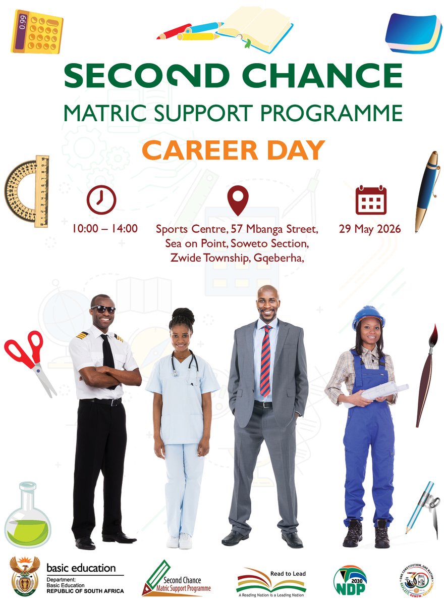 DBE_SA's tweet photo. #SecondChanceProgramme | Today, in Gqeberha, the Second Chance Matric Support Programme Career Day is taking place.

The purpose of the Second Chance Matric Programme Career Day is to provide targeted support to young people seeking to improve their National Senior Certificate results, as well as individuals who are currently out of school and exploring employment opportunities.

The initiative brings together Nelson Mandela University, the Nelson Mandela Bay Municipality, FNB and Transnet, alongside schools and partner organisations, to share information on study pathways, career opportunities, and school-related programmes.

The participation of stakeholders strengthens collaborative efforts aimed at expanding access to education, training, and skills development opportunities for all.

@ECDOEZA 

#EducationZA #GovZAUpdates #CareerDay