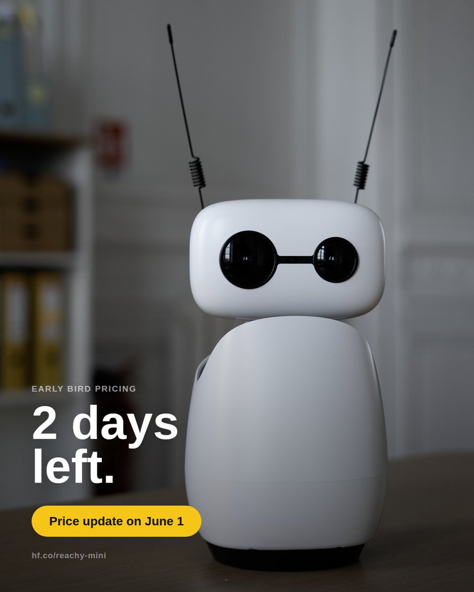 pollenrobotics's tweet photo. We mentioned it a few weeks ago — Reachy Mini's price is changing, for a number of reasons.
You have two days left to get it at the original price: https://t.co/cBP18lVh1Z https://t.co/jo2IoR3Kv8