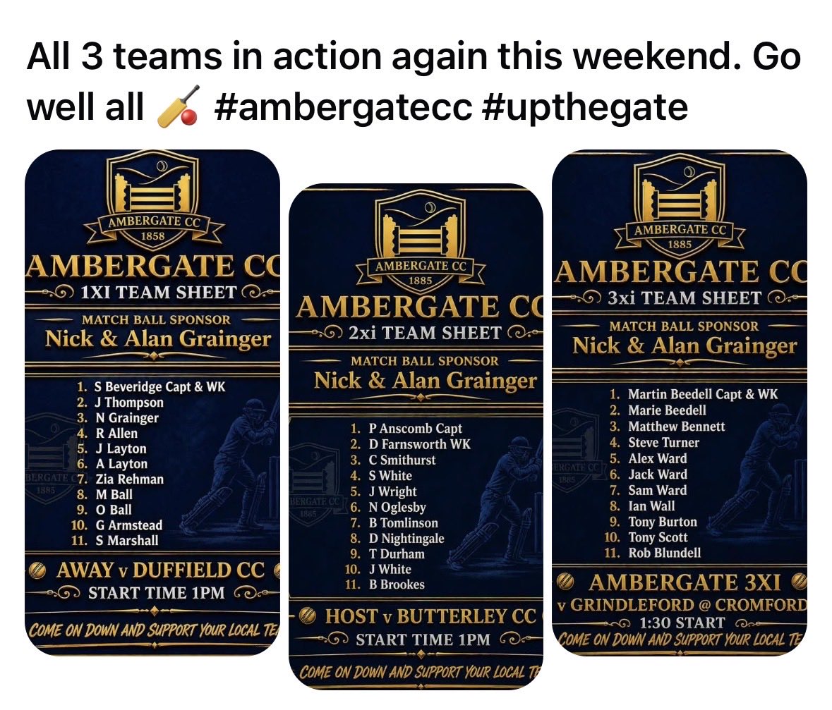 AmbergateCC's tweet photo. All 3 teams in action again this weekend. Go well all 🏏 #ambergatecc #UpTheGate https://t.co/RSmdRXDm2I