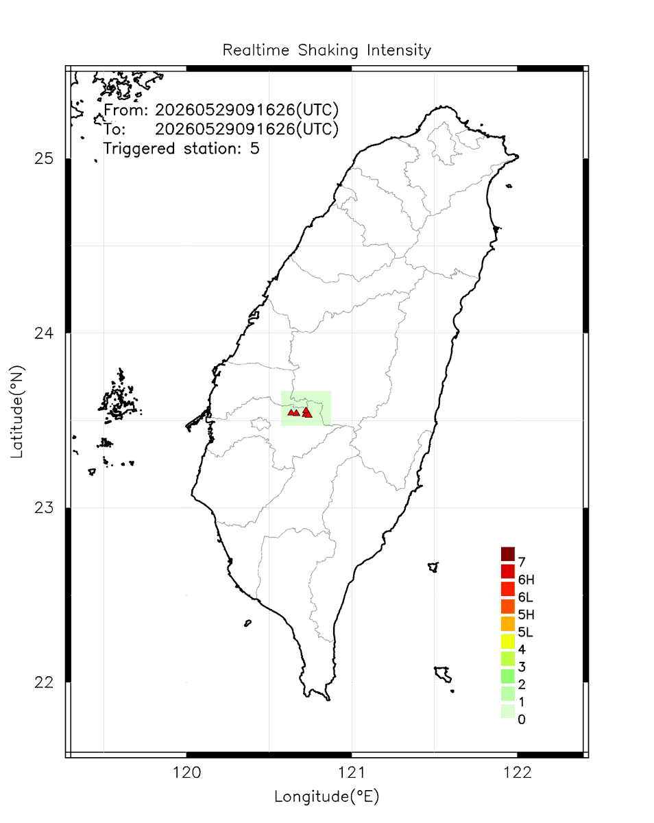 eew_p's tweet photo. Automatically Plotted Shakemaps:
* 2026-05-29 17:16:26 (UTC+08:00, Taipei)
* Evt. 20260529171626, First Report.
* Total 5 triggered stations

Note: These shakemaps are not yet confirmed, for reference only!
#地震 #台灣 #earthquake #Taiwan https://t.co/QATHxnaKPV