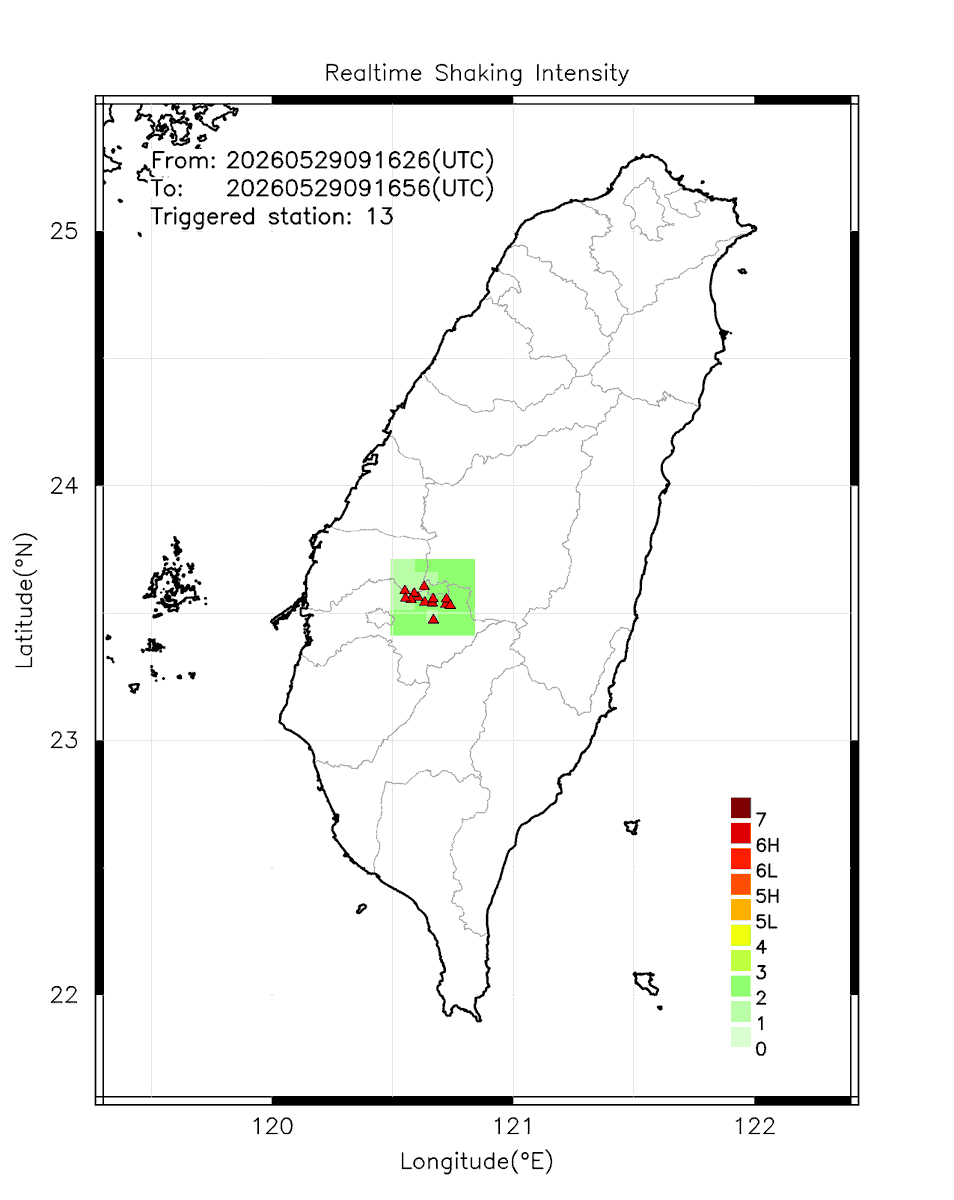 eew_p's tweet photo. Automatically Plotted Shakemaps:
* 2026-05-29 17:16:56 (UTC+08:00, Taipei)
* Evt. 20260529171626, 30s after trig.
* Total 13 triggered stations

Note: These shakemaps are not yet confirmed, for reference only!
#地震 #台灣 #earthquake #Taiwan https://t.co/M1Fgcxh0uK