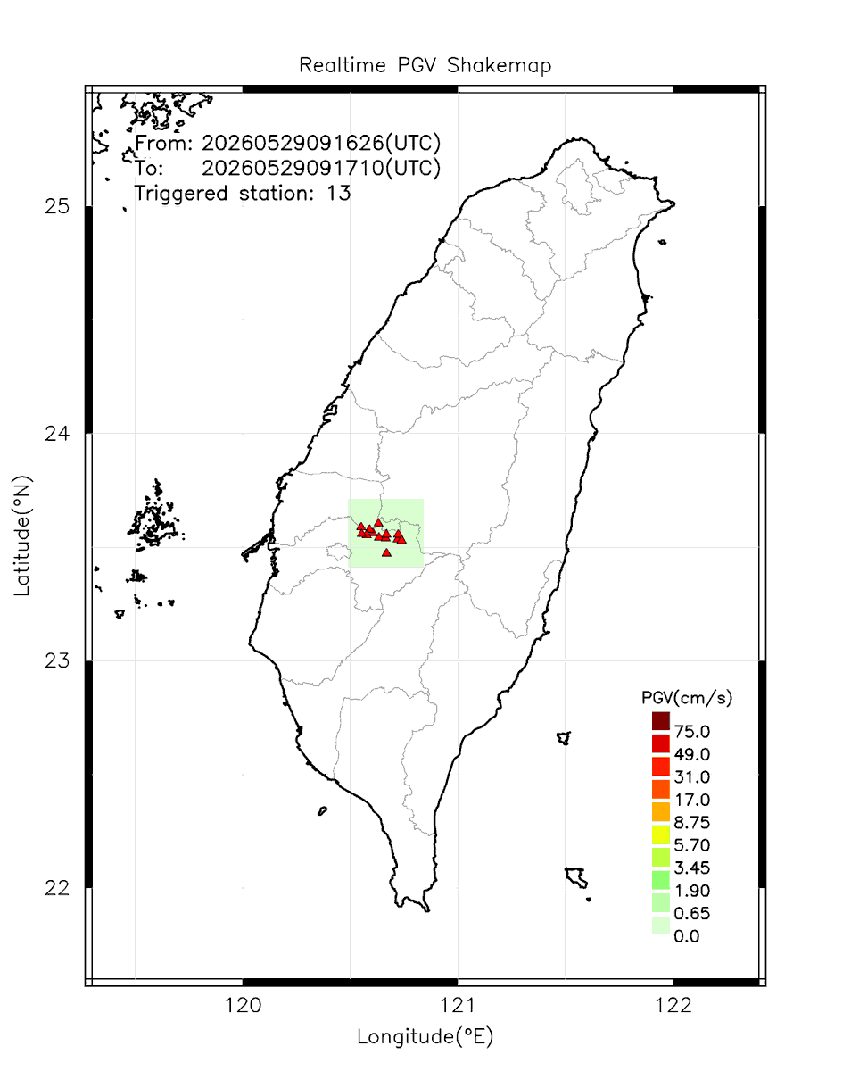 eew_p's tweet photo. Automatically Plotted Shakemaps:
* 2026-05-29 17:17:10 (UTC+08:00, Taipei)
* Evt. 20260529171626, Final Report.
* Total 13 triggered stations

Note: These shakemaps are not yet confirmed, for reference only!
#地震 #台灣 #earthquake #Taiwan https://t.co/5eqZqoscVq