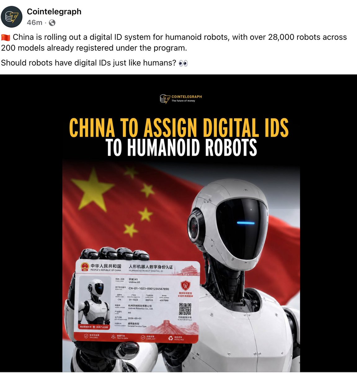 AnnaGE_'s tweet photo. 🤖China’s humanoid robots are getting national IDs.

Under a newly launched lifecycle management platform and regulatory framework, every humanoid robot will receive a unique 29-character identity code, making it fully traceable from “birth” to “retirement.” https://t.co/uhLBm3aeRb