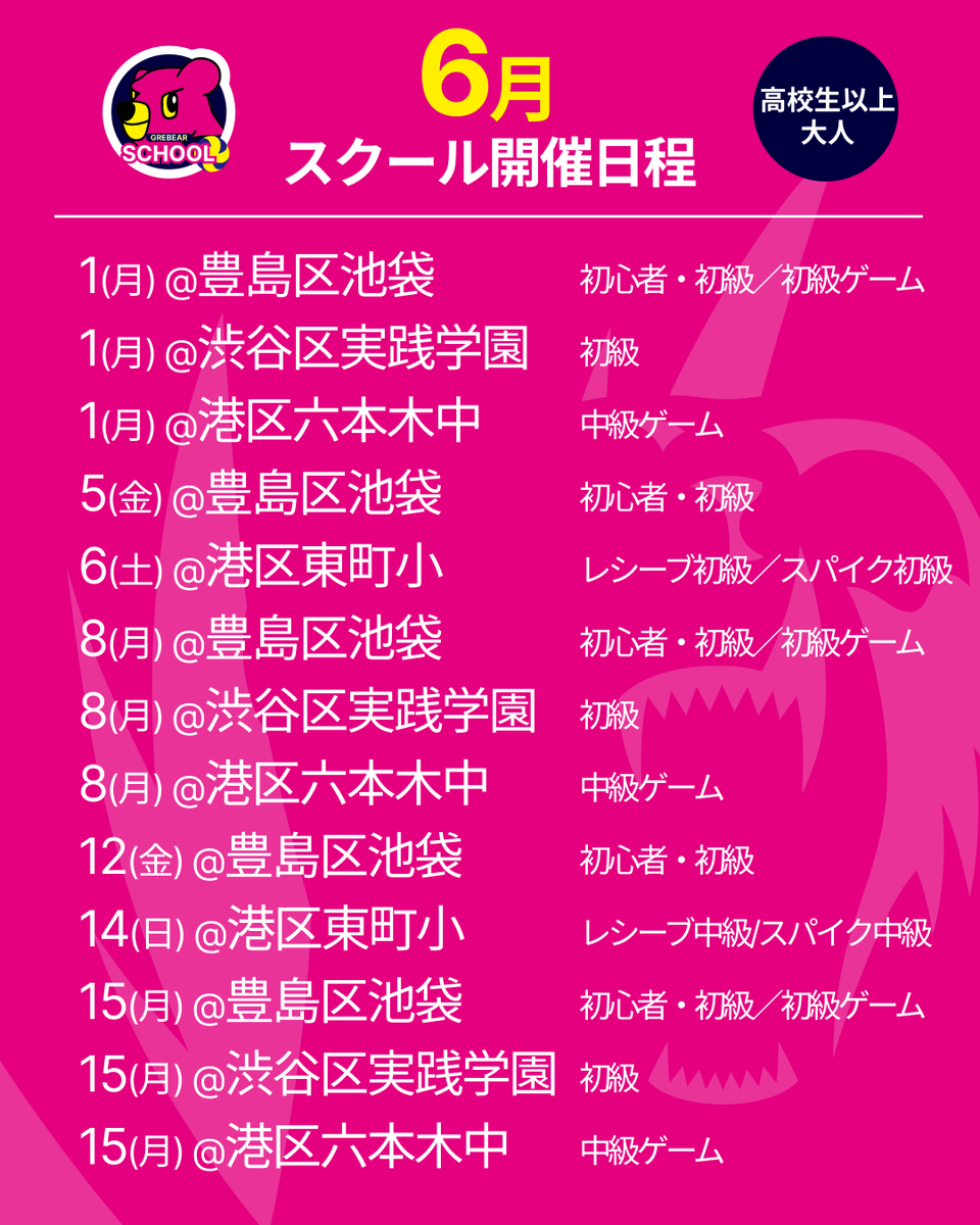 tgb_school's tweet photo. 6月スクール日程🐻🎏

一緒にバレーボールを楽しもう😁✨

初心者から中級まで🔰
ご予約はこちら▶https://t.co/Jb730fyqrG

#バレーボールスクール
#東京グレートベアーズ
#グレベア
#東京GB
#ネイチャーラボ

▼高校生以上の方向けスクールご紹介🧸 https://t.co/EXmxg7eFcp