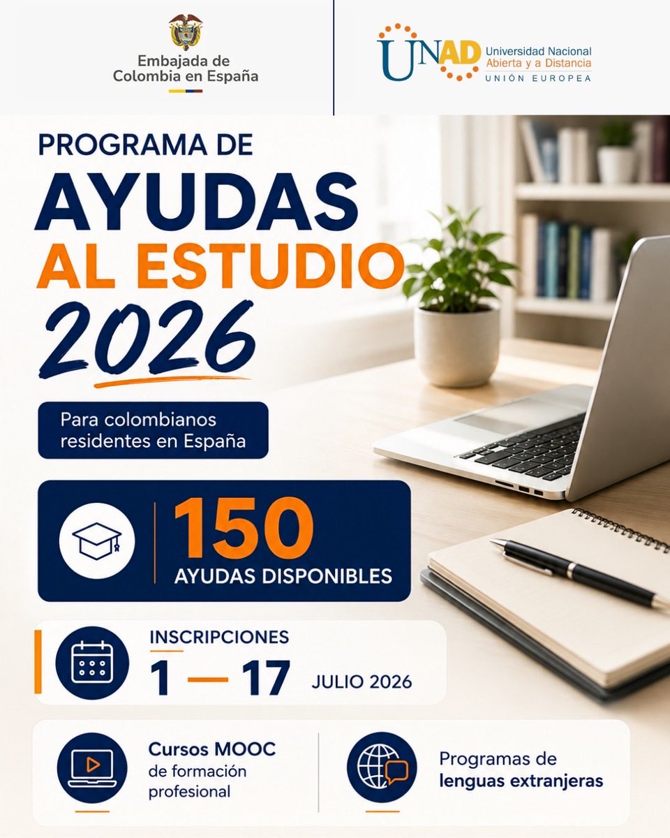 EmbajadaColEsp's tweet photo. 🇨🇴 La Embajada de Colombia en España y la UNAD Unión Europea avanzan en su alianza académica con el “Programa de Ayudas al Estudio”, dirigido a fortalecer la formación académica, profesional y lingüística de colombianos en España. https://t.co/dC516VXv2t https://t.co/zacloDb9ii