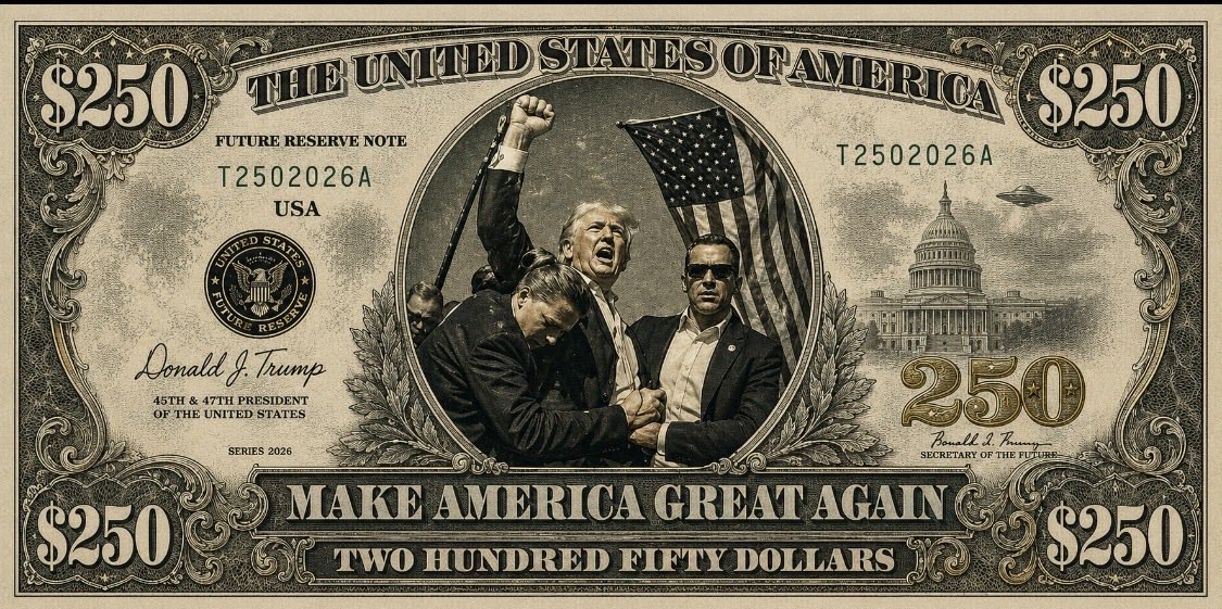 Azukisol0415's tweet photo. They showed me this design and said, "Sir, this is the most powerful $250 bill ever created." And I said, "Look at that fist! Incredible! But make sure the patriots are stacking $Trump250 on Solana right now!" 📈🇺🇸🍻

The fake news wants to delete this, but the community is too strong. We are making money great again! Grab your bags on https://t.co/lxihSRa1R9 before the whales take over! 🦅💰

#Trump250 #InTrumpWeTrust #pumpfun #SolanaMeme
