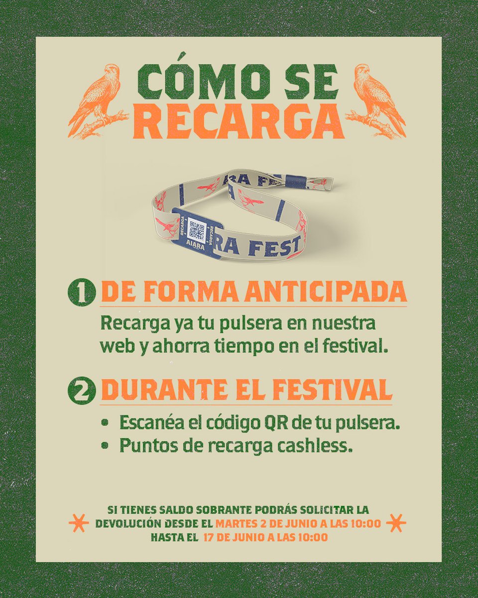aiarafest's tweet photo. Gaur da! Ordu batzuk baino ez dira geratzen eta zure eskumuturrekoa aldez aurretik kargatu dezakezu! Hemen informazioa ☺️ 
- 
Ha llegado el día 💚 Solo quedan unas horas para empezar y aquí te explicamos como puedes cargar tu pulsera antes y durante el festival ☺️

#AiaraFest2026 https://t.co/bRZWQafZfS
