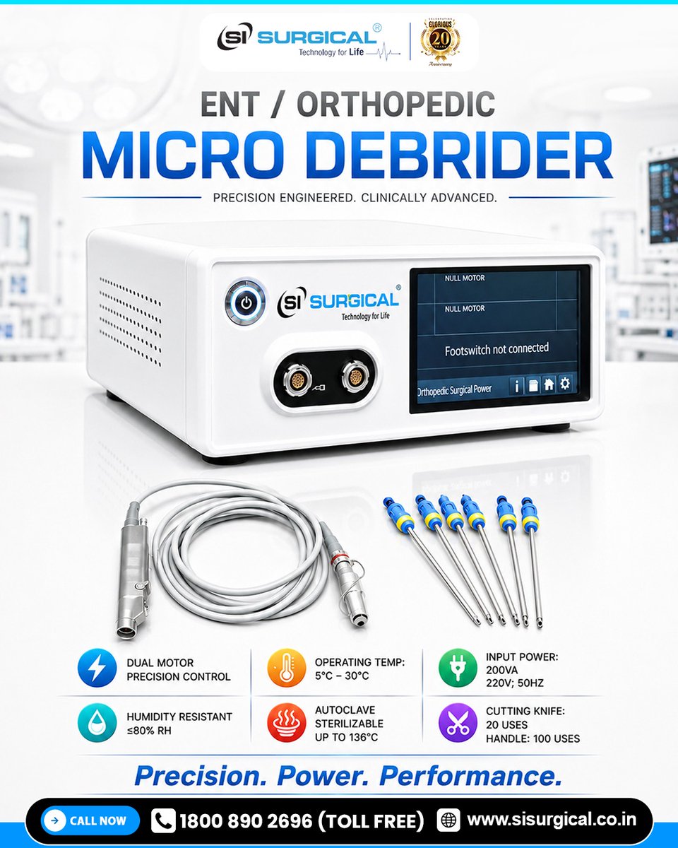 SI_Surgical's tweet photo. Precision that performs. ⚙️
SI Surgical’s ENT / Orthopedic Micro Debrider delivers advanced control, smooth handling, and surgical accuracy for modern procedures.
📞 1800 890 2696
🌐 https://t.co/kwCpgc85b0

#SISurgical #MicroDebrider #ENTSurgery #OrthopedicSurgery https://t.co/dW5eKHmcGt
