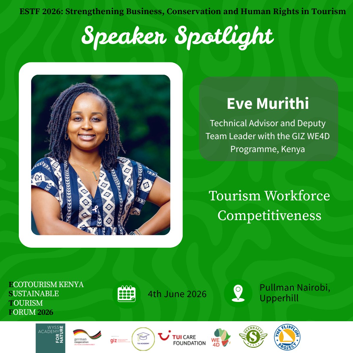 ecotourismkenya's tweet photo. Meet #estf2026 Speaker 

🗣️Eve Murithi, Technical Advisor and Deputy Team Leader with the GIZ WE4D Programme- Kenya joins the action at the Ecotourism Kenya Sustainable Tourism Forum 2026.

☘️She brings vocational training and labour market with a focus on women and...

+ https://t.co/RoAodpsurA