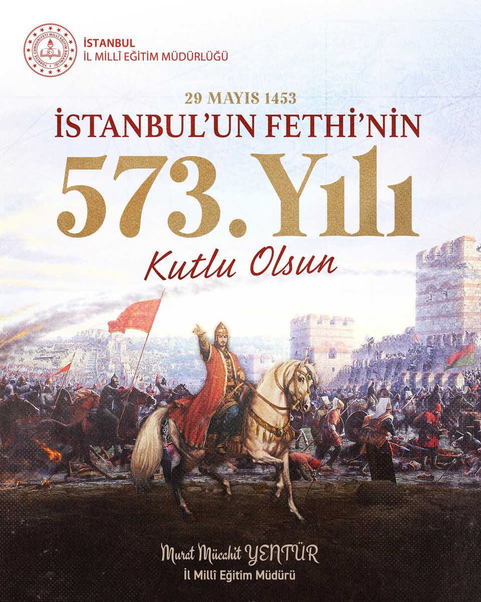 istanbulilmem's tweet photo. 🇹🇷 İstanbul’un Fethi, bir milletin kararlılığının, yüksek idealinin ve medeniyet birikiminin tarihe nakşedilmiş en güçlü nişanelerinden biridir.

573 yıl önce gerçekleşen büyük zafer; ilim, hikmet, adalet ve insanlık değerleriyle yoğrulmuş bir medeniyet tasavvurunun dünyaya açılan kapısı olmuştur.

Aziz İstanbul’umuzun fethinin 573. yıl dönümünü kutluyor; Fatih Sultan Mehmet Han başta olmak üzere fethin tüm kahramanlarını rahmet, minnet, rahmet ve saygıyla anıyoruz.

@tcmeb @Yusuf__Tekin @MucahitYentur