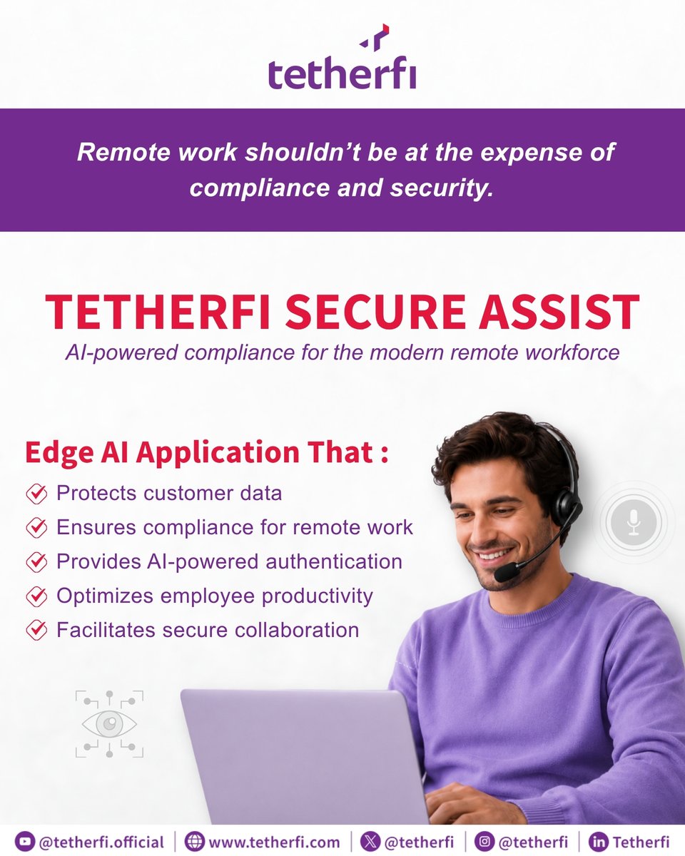 tetherfi's tweet photo. Working remotely is Convenient, but Secure and Compliant remote work is a must!

With Tetherfi Secure Assist, organizations can empower employees to work securely from anywhere, anytime, on any device: https://t.co/lEQ3DKcfXq

#Tetherfi #PoweredByTetherfi #RemoteWork #WFH https://t.co/OeA6E3uNWA