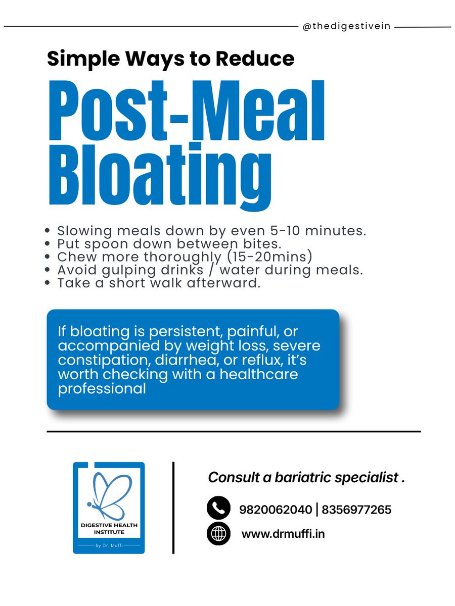 TheDigestiveIn's tweet photo. That uncomfortable bloated feeling after meals may not always be about what you eat, sometimes it’s about how fast you eat.

Supporting digestion can sometimes be as simple as:
✔️ Creating a calmer mealtime routine
✔️ Giving your body time to recognise fullness
✔️ Reducing rushed or distracted eating
✔️ Choosing lighter, balanced meals when possible
✔️ Paying attention to how different foods make you feel

#digestivehealthinstitute #drmuffi #worlddigestiveday #mindfuleating #guthealth