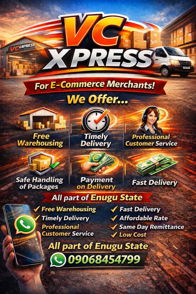 iamOtiworld's tweet photo. 🚀 E-Commerce Merchants, Supercharge Your Deliveries with VC Xpress! 🚀

Are you an E-Commerce merchant looking for a reliable, efficient, and affordable logistics partner in Enugu State? Look no further! VC Xpress is your ultimate solution for seamless delivery services https://t.co/d3XctqWHga