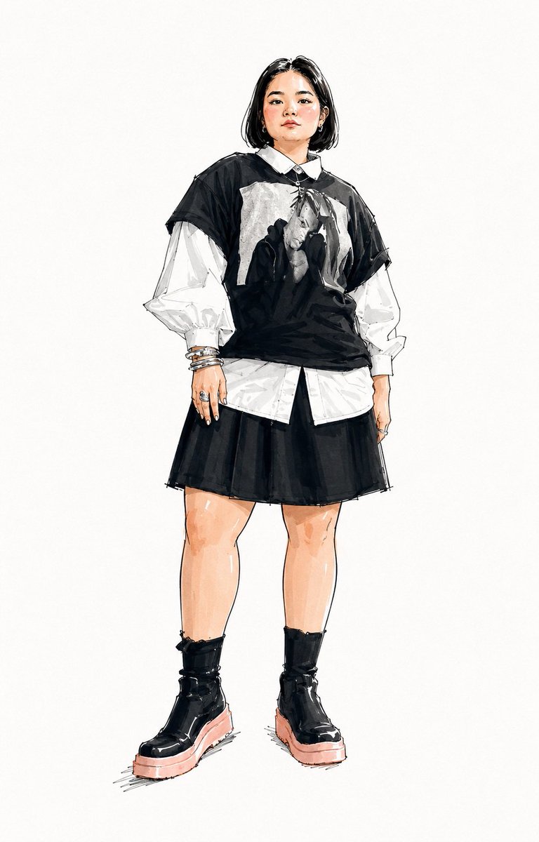 charmingorb's tweet photo. flat marker colors, and subtle blush accents. Stylized eyes, graphic lips, expressive ink hair, and simplified geometric clothing shapes. Clean white background, scanned paper texture, modern luxury editorial fashion illustration. Do not add any text. https://t.co/pPhsiYWCg3