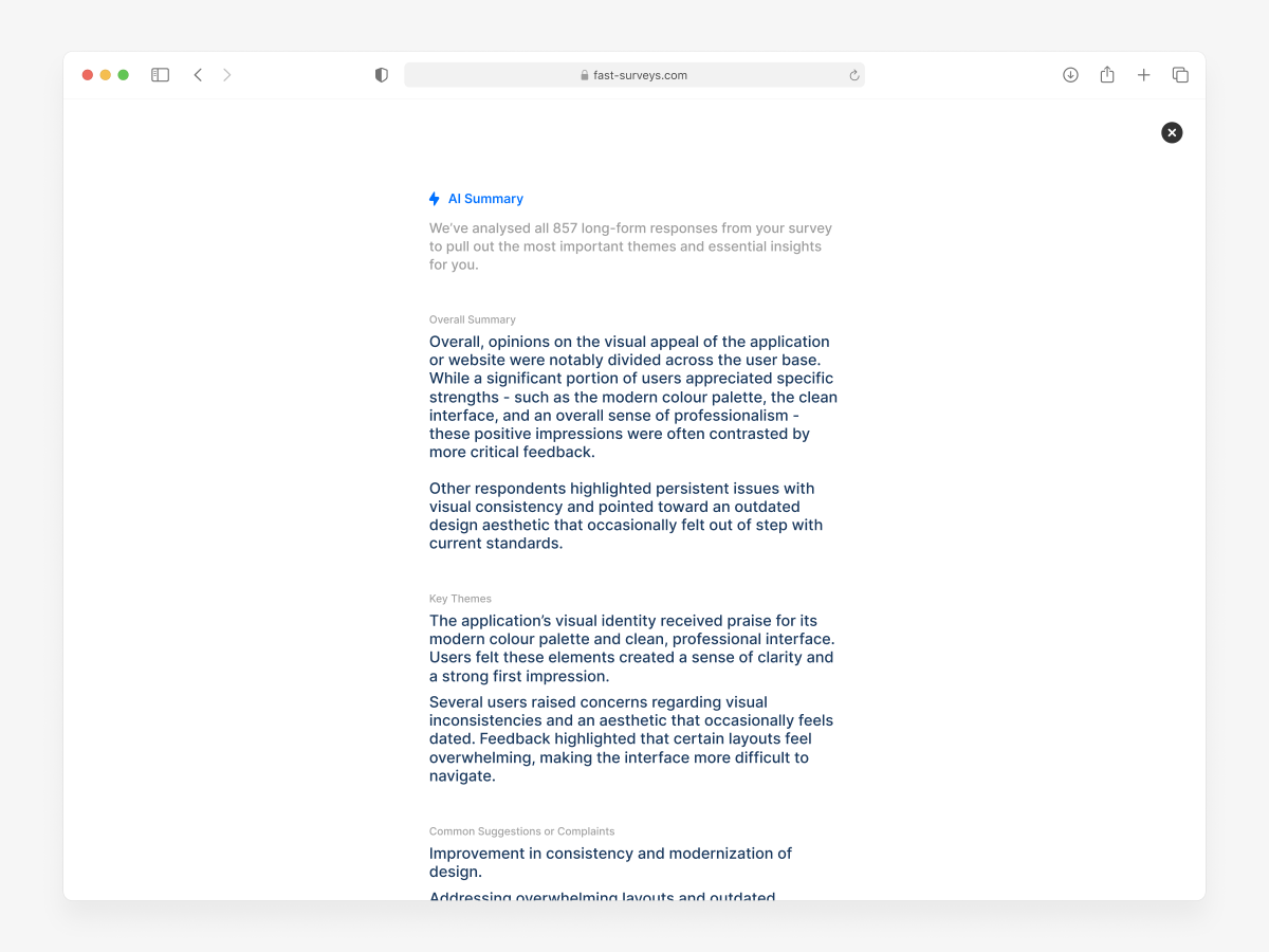 JamiePeak's tweet photo. 🤖 Ai Survey Response Summary on @fastsurveys https://t.co/bA3UioJ44x