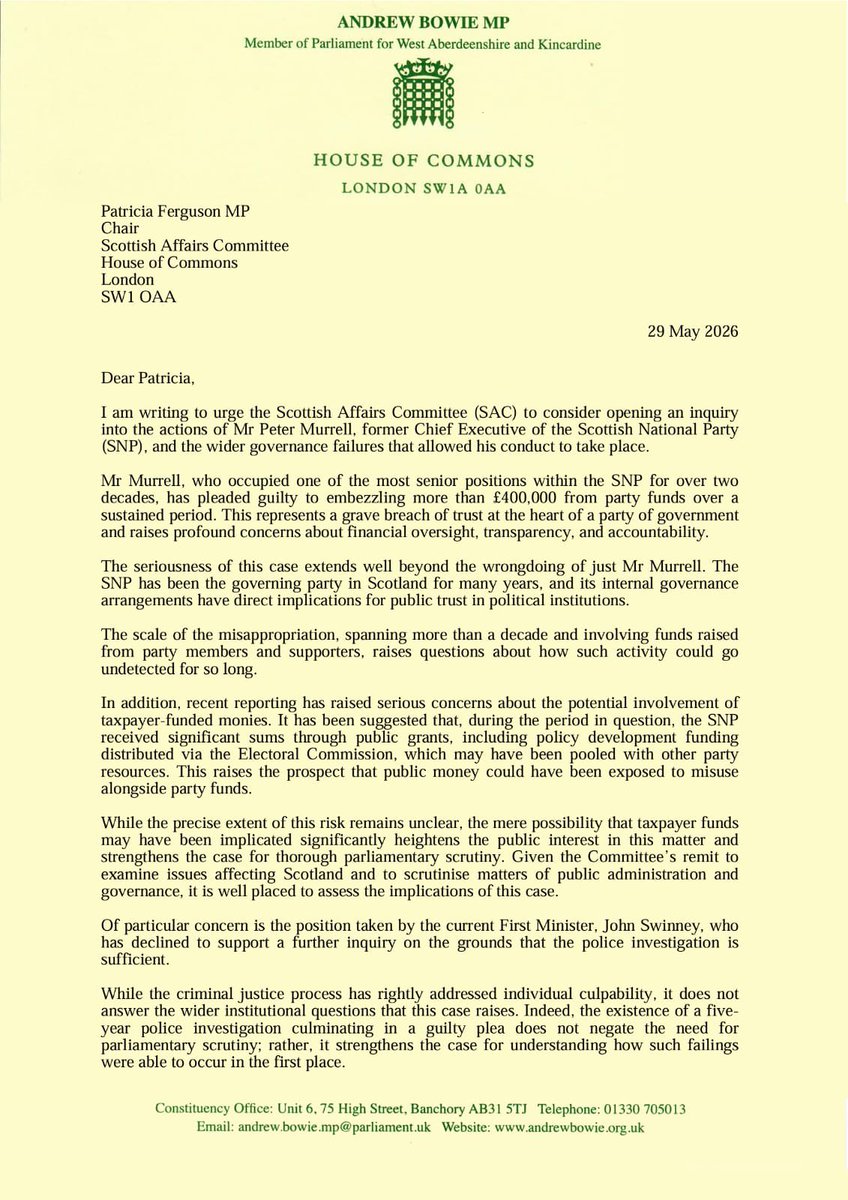 AndrewBowie_MP's tweet photo. The actions of Peter Murrell have consequences that go far beyond the SNP. Though criminal proceedings have taken place, many questions remain unanswered.

With no inquiry to be held in Holyrood, the Scottish Affairs Committee must now take steps to uncover what remains. 👇 https://t.co/nNzFQc7x74