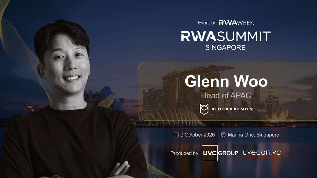 rwasummitglobal's tweet photo. Glenn Woo, Head of #APAC at @BlockdaemonHQ  joins  @rwasummitglobal #SINGAPORE ⭐️

https://t.co/uPHS19Os13 is one of the world’s leading #blockchain infrastructure platforms, providing institutional-grade staking, node management, and API solutions powering the digital asset economy.  

As Head of APAC at Blockdaemon, Glenn Woo leads regional growth and strategic partnerships across Asia Pacific, working closely with institutions, enterprises, and ecosystem participants advancing blockchain adoption and onchain finance infrastructure.

• When: 9 October 2026 | 09:00 - 18:00 SGT  
• Where: Marina One, 5 Straits View, 5-min walk from Marina Bay Sands    

👉 Register now to hear insights from our speakers:  https://t.co/lof4x0hFjS 

✍️Strategic Partners: @LynxcapDeFi  | @dydxfoundation 

🙌Powered By: https://t.co/sXPlej6eb3 | @rwaweek series production