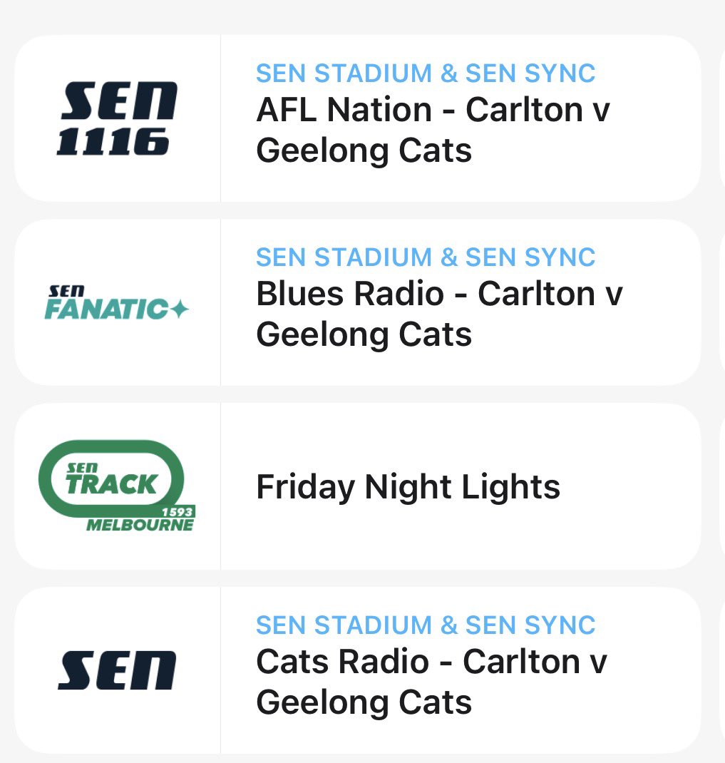 MitchellBScott's tweet photo. Spoilt for choice tonight on @AFLNation .

Sync the AFL Nation call, Blues Radio or Cats Radio to your TV, or listen live at the MCG with no delay using SEN Stadium https://t.co/8teEE4nCwB