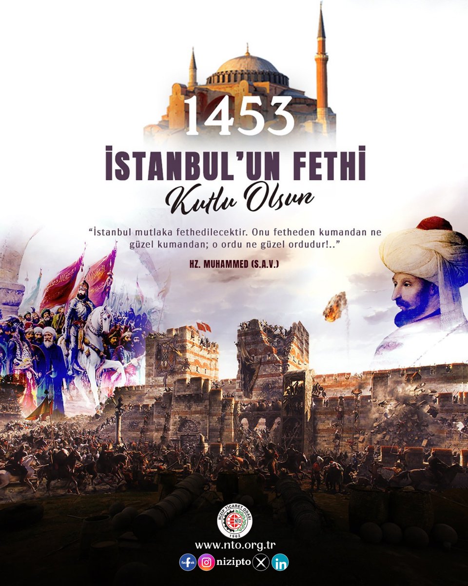 NizipTO's tweet photo. Bir çağı kapatıp yeni bir çağı açan kutlu zaferin yıl dönümünü gururla kutluyoruz. 🇹🇷

#29Mayıs1453 
#İstanbulunFethi https://t.co/6pdE67toqw